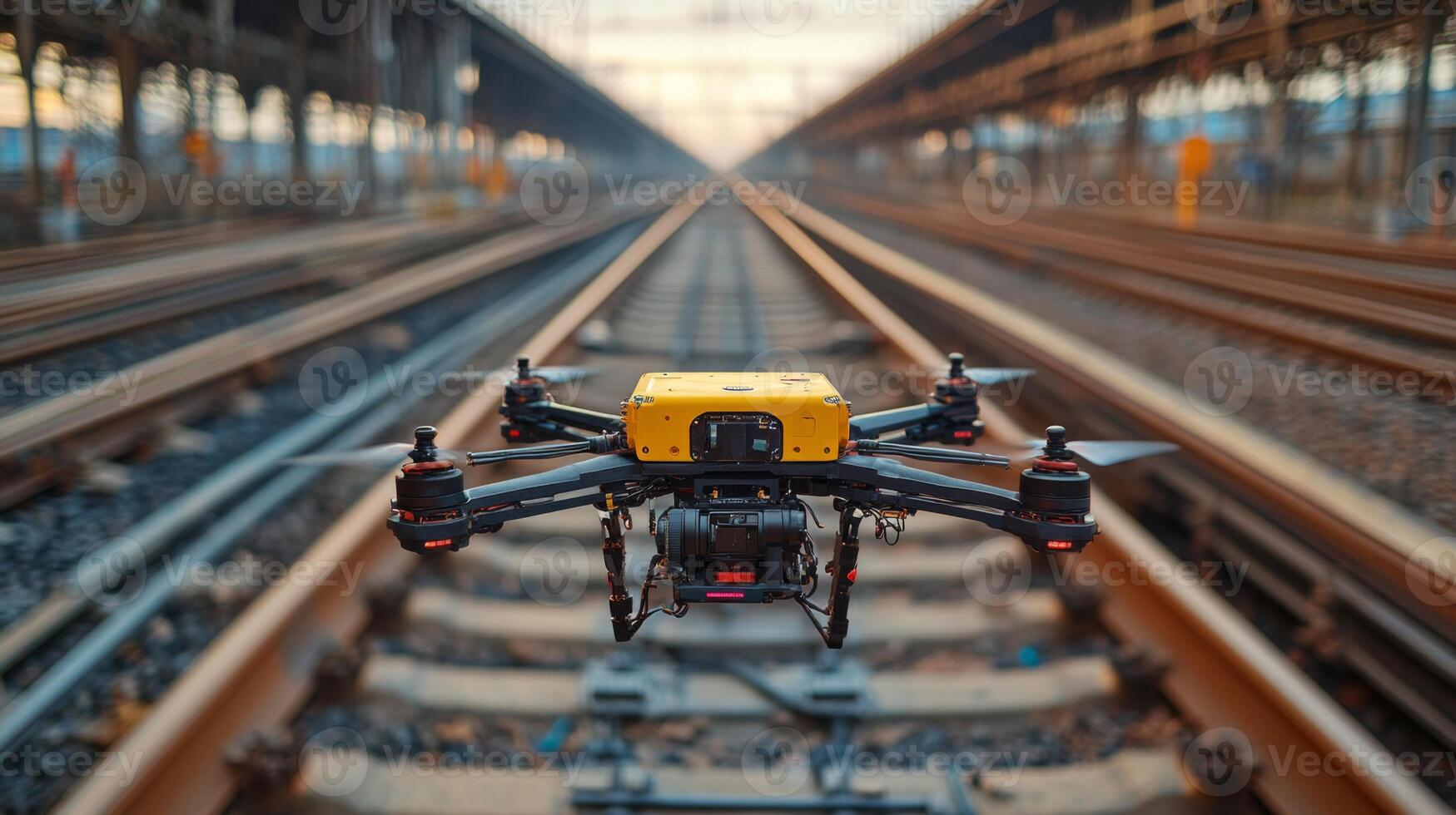 A drone is flying above railway tracks during sunset, exploring railway infrastructure to improve logistics, transportation automation, and mobility solutions in the region. photo