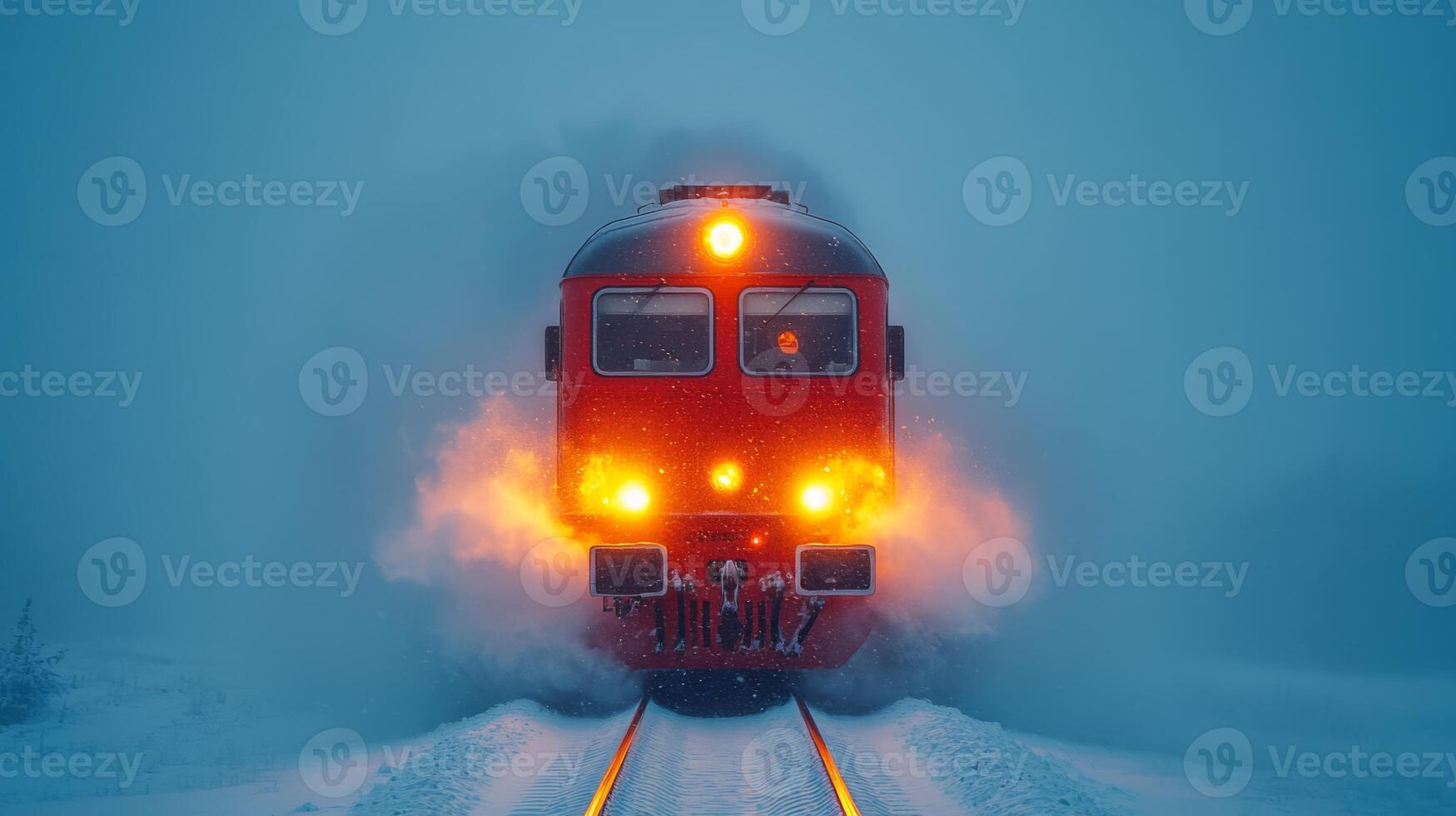 A high speed train moves through a snowy landscape during winter, its bright lights cutting through the heavy snowfall, showcasing advanced transportation in challenging conditions. photo
