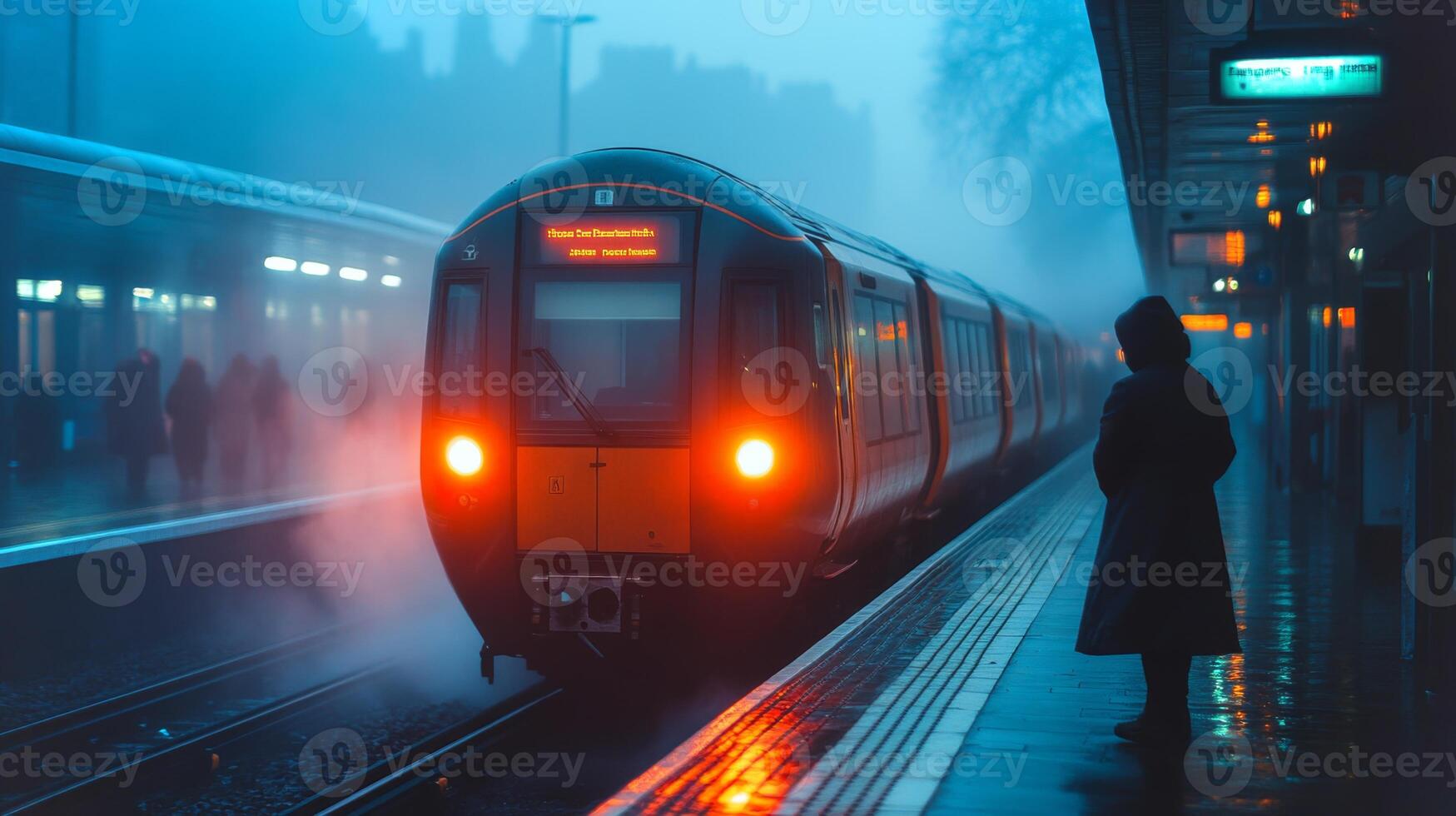 A highspeed railway train pulls into a misty urban station as a lone waiting passenger stands on the platform, enveloped in the early morning fog and soft light. photo