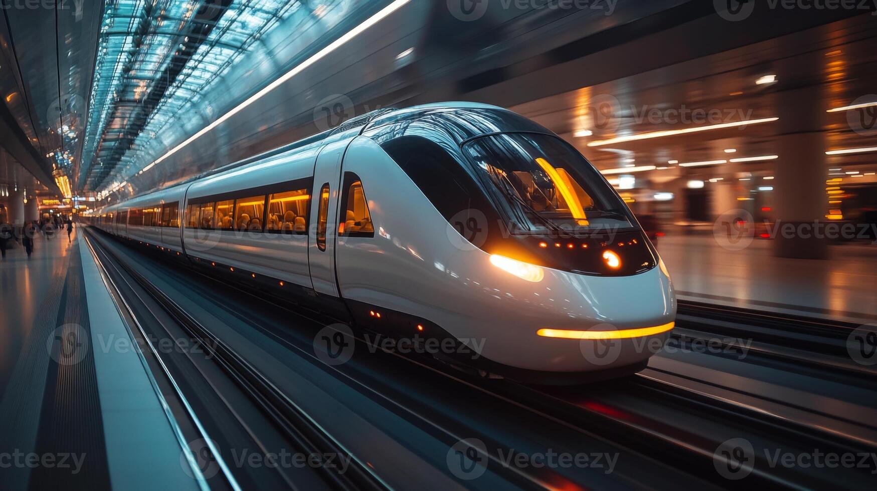 A sleek high speed train glides on railway tracks in a busy transport terminal, illuminated by ambient lighting as evening falls, showcasing advanced mobility and automation in infrastructure. photo