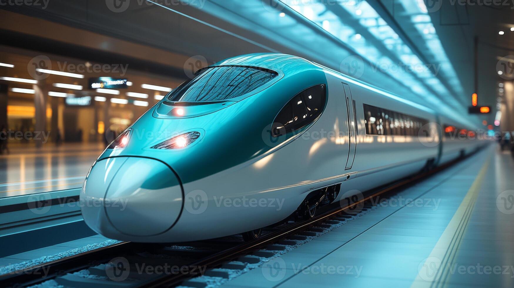 A cutting edge maglev train stands sleekly at a modern railway station, showcasing advanced automation in transportation. The spacious platform is well lit, emphasizing the train's streamlined design. photo
