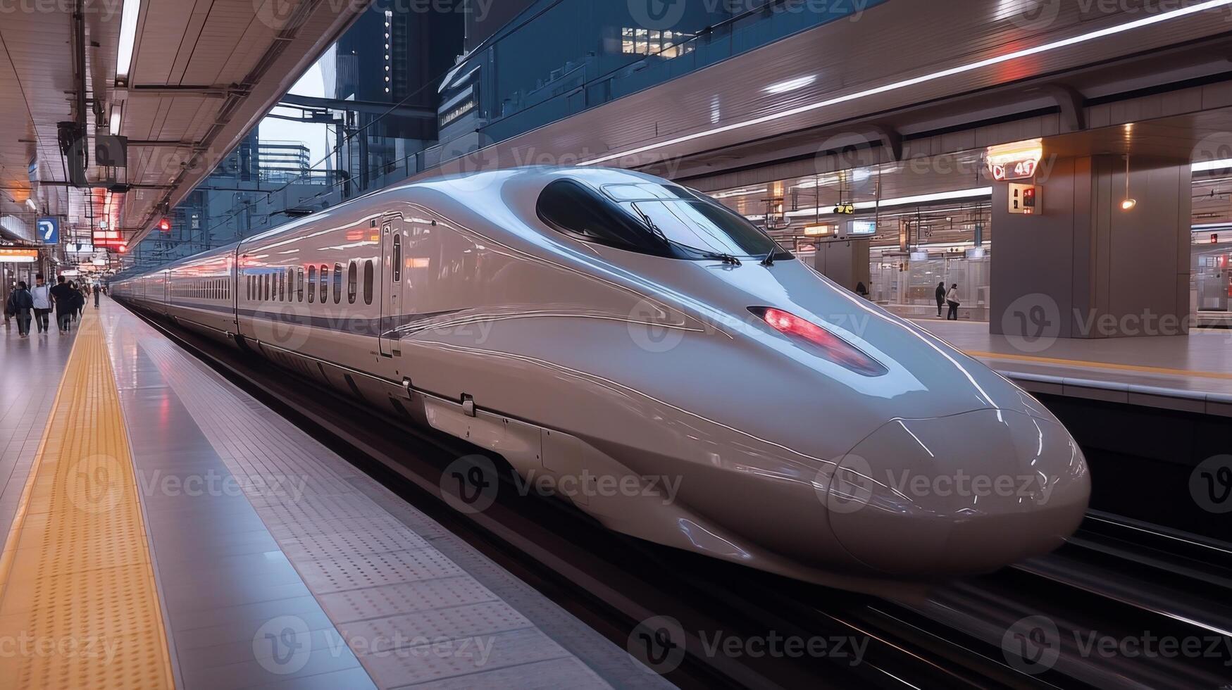 A sleek high speed train pulls into a bustling railway station where commuters are awaiting their journeys amidst advanced infrastructure and automated systems. photo
