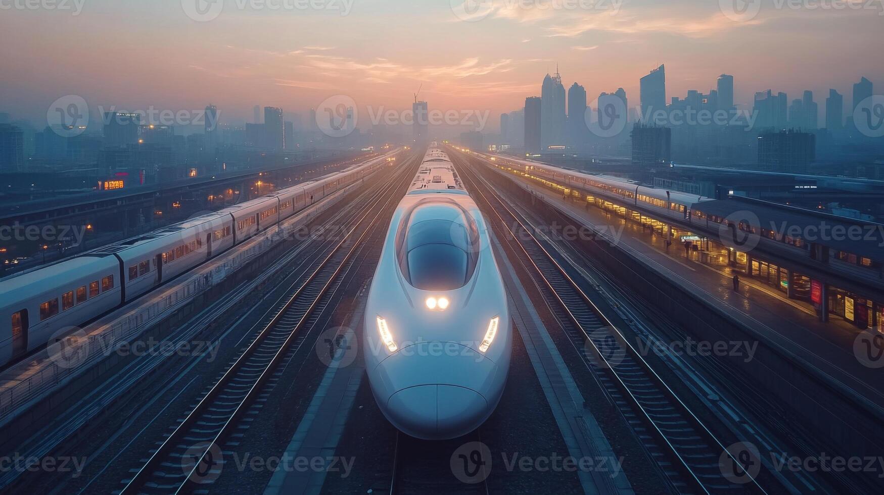 High speed maglev train is moving along a rail line in an urban environment during dusk, showcasing the integration of modern infrastructure with advanced mobility solutions in the city. photo
