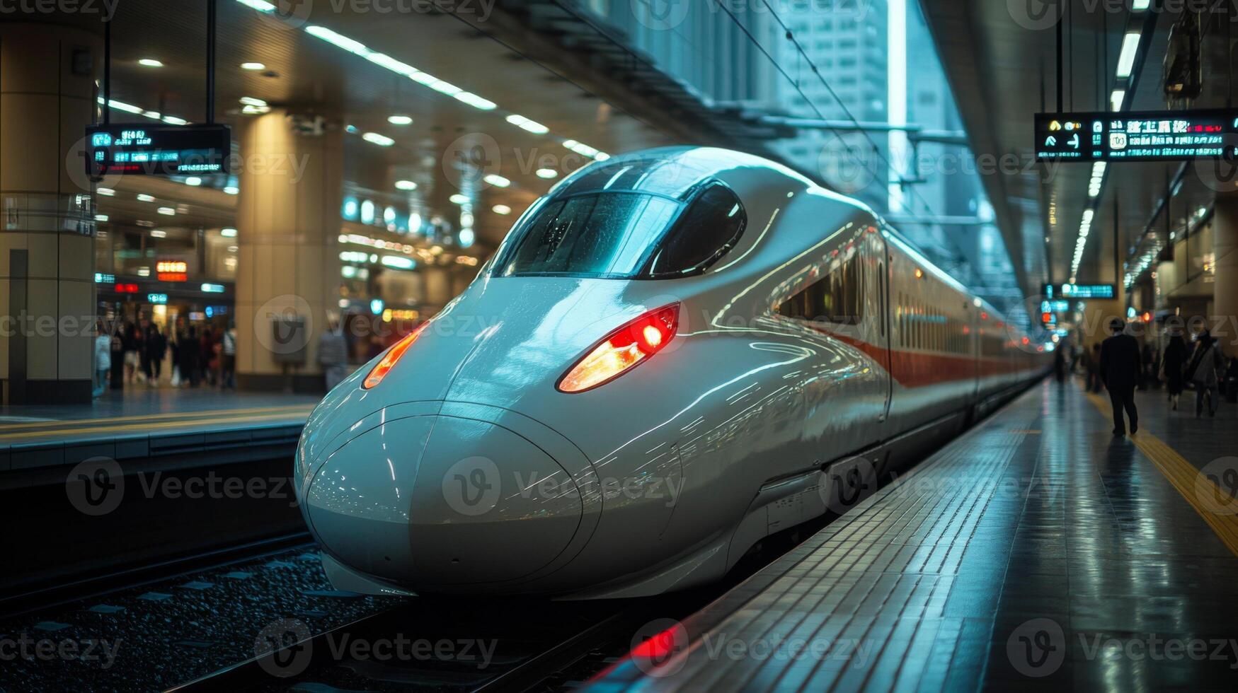 A sleek highspeed train arrives at a bustling urban station, highlighting advancements in railway infrastructure and automated mobility systems during the daytime. photo