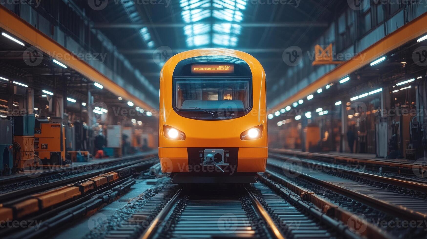 A vibrant high speed train sits on the tracks in an active railway station, highlighting innovative infrastructure designed for efficient mobility and enhanced transportation. photo