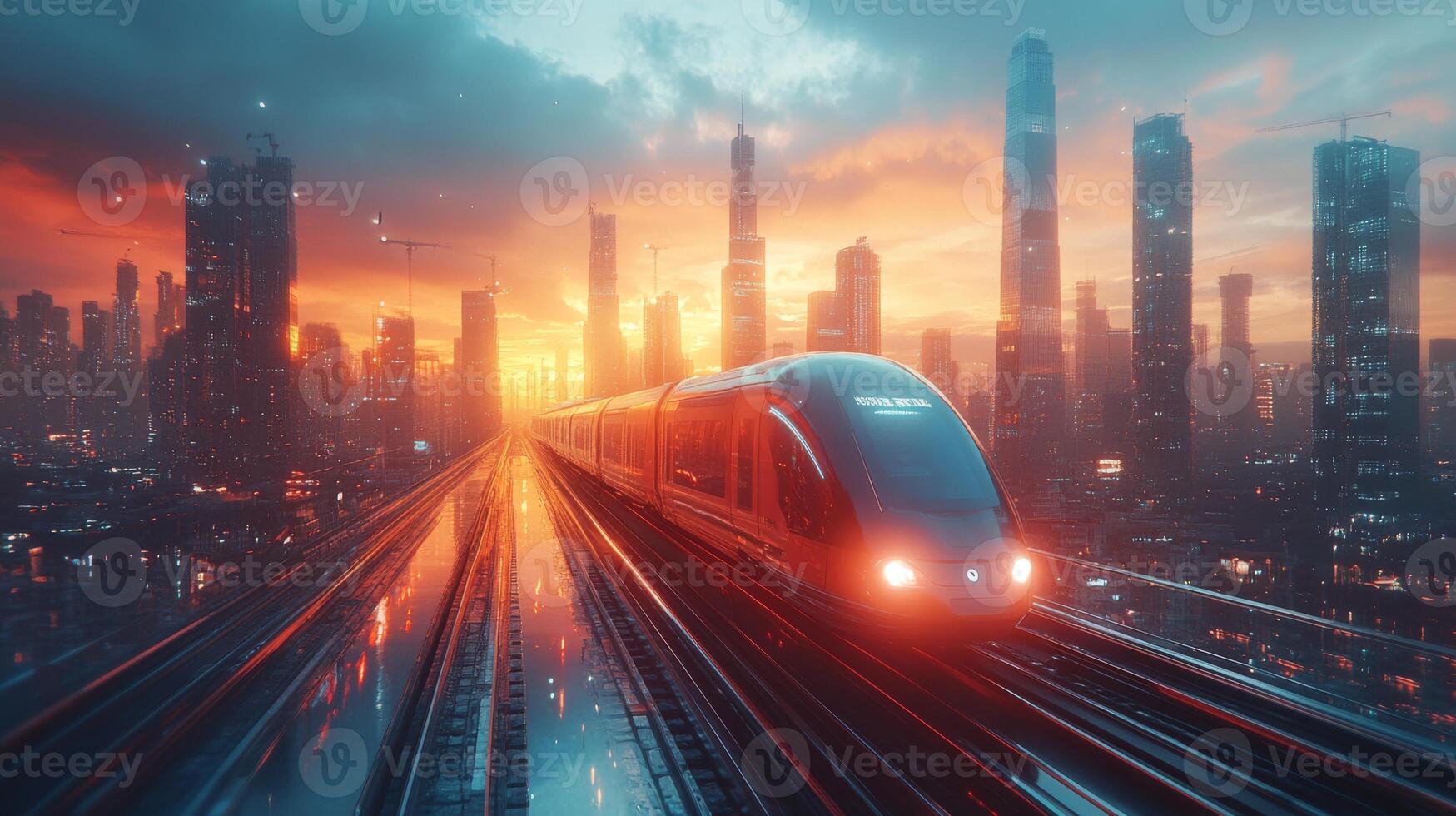A highspeed maglev train glides along elevated tracks amidst towering skyscrapers as the sun sets, casting warm hues across the modern infrastructure and creating a stunning urban landscape. photo
