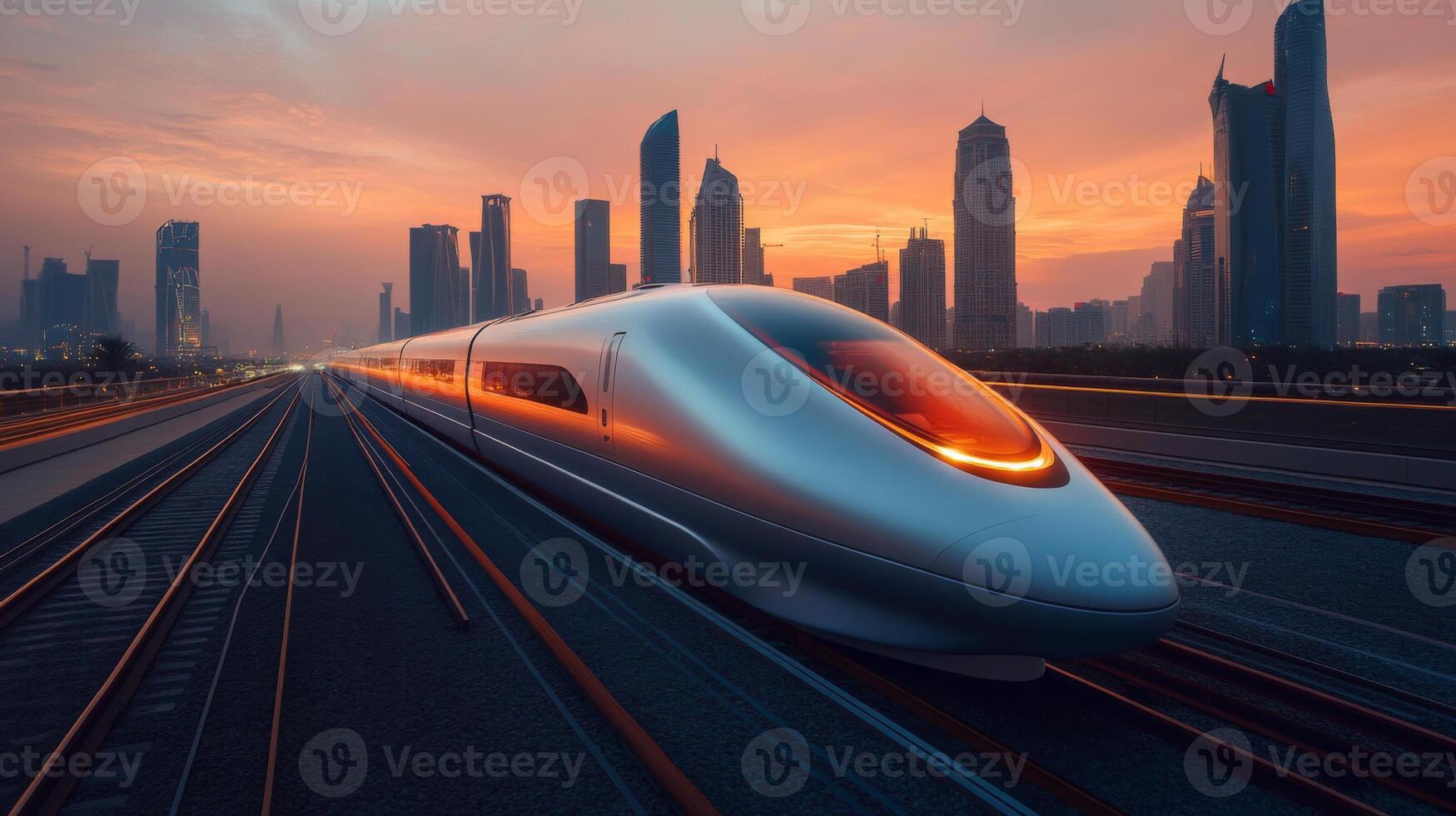 A sleek maglev train stands poised on its tracks against a backdrop of a modern city skyline at sunset, highlighting the future of transportation and mobility. photo