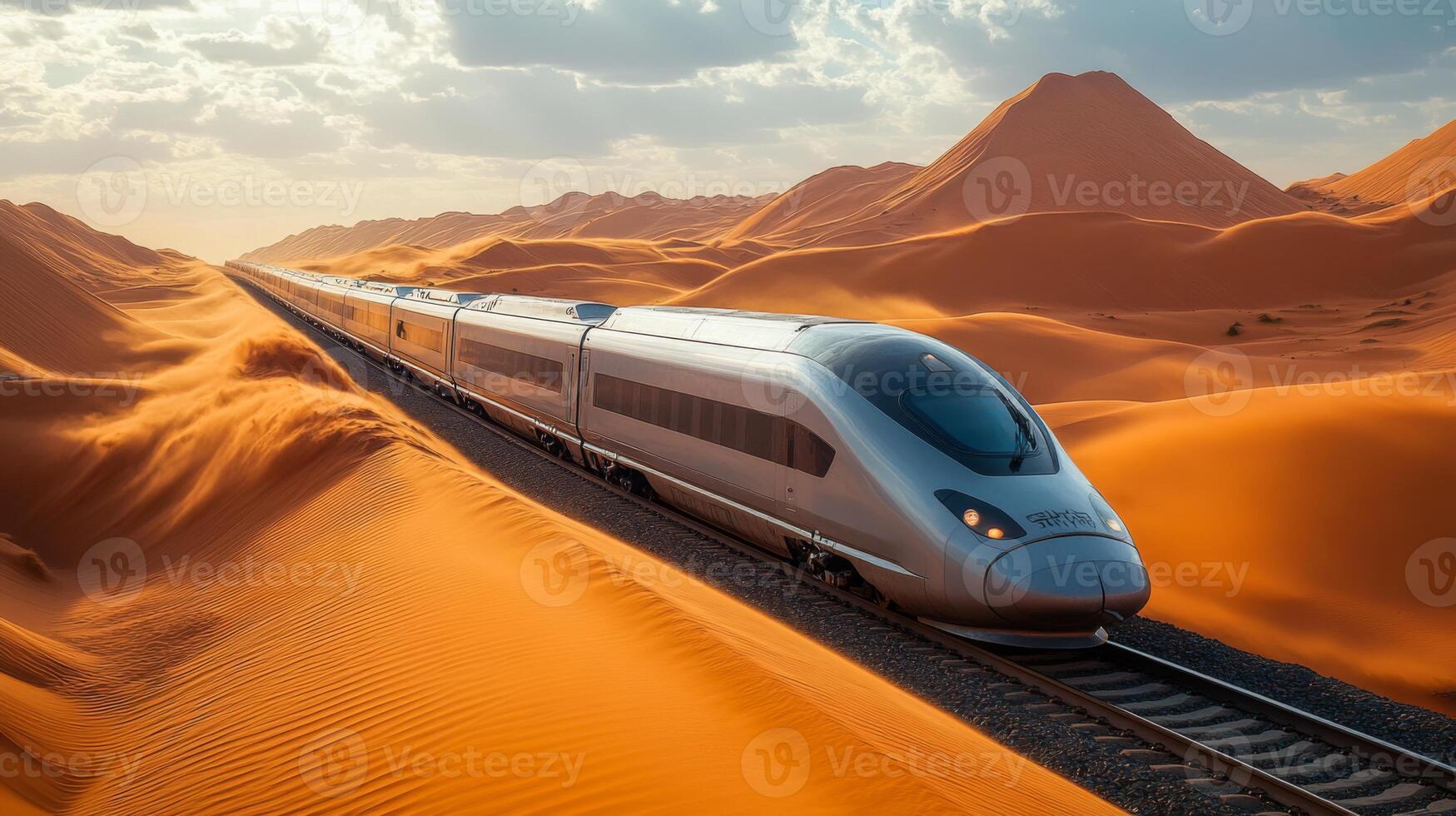 A sleek maglev train glides along tracks set against rolling sand dunes, bathed in the warm glow of a sunset. This innovative transportation showcases the future of mobility in remote locations. photo