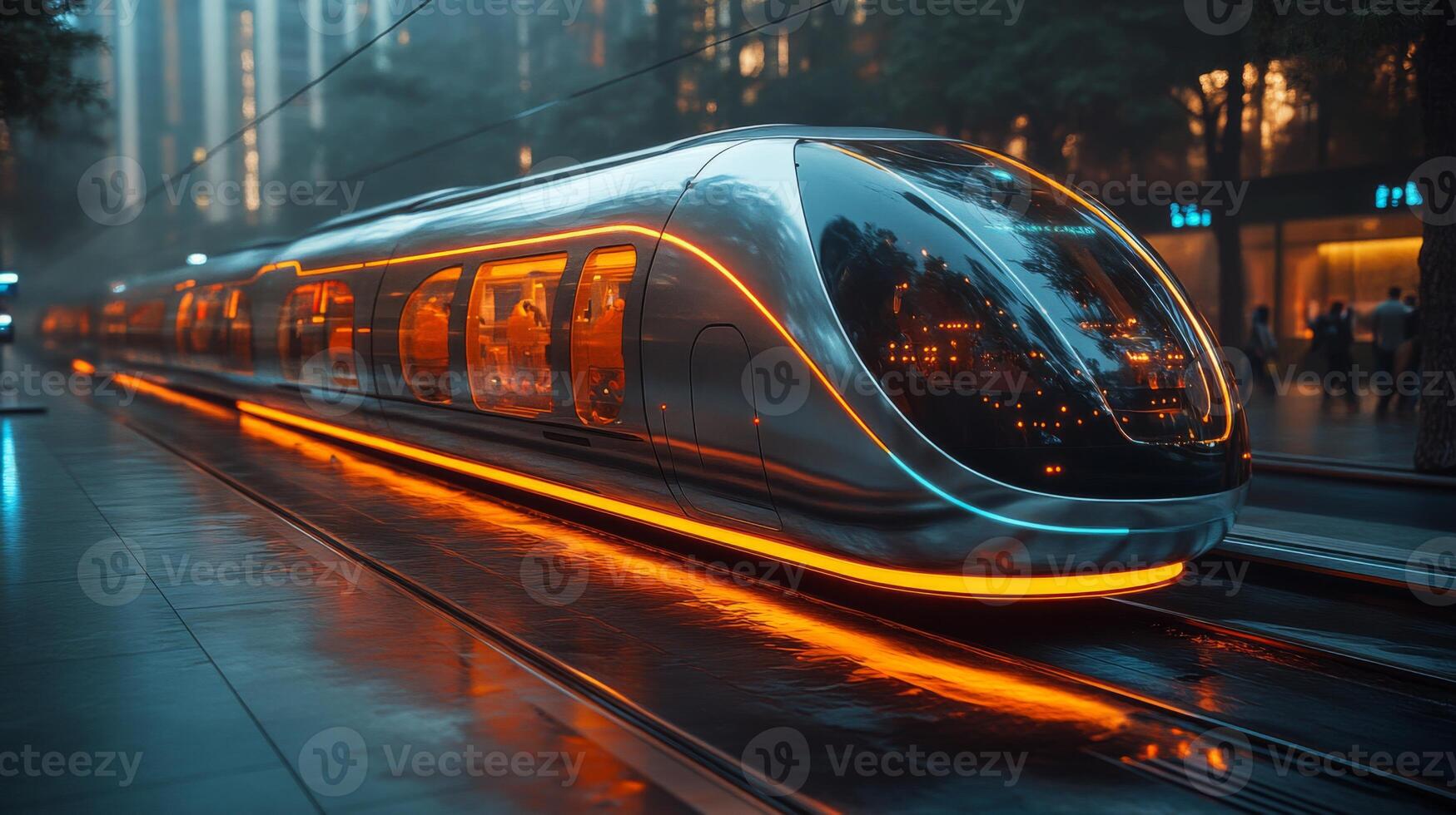 A sleek maglev train glides smoothly through a modern cityscape during twilight. The illuminated exterior reflects the surrounding buildings, highlighting innovative rail design. photo