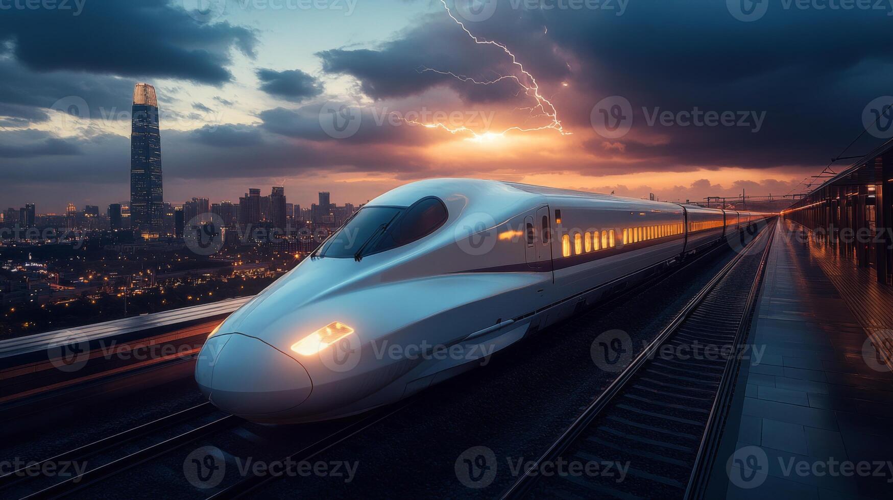 A futuristic highspeed maglev train is seen approaching an urban station, as dramatic lightning lights up the stormy sky during sunset in the backdrop of a bustling city. photo