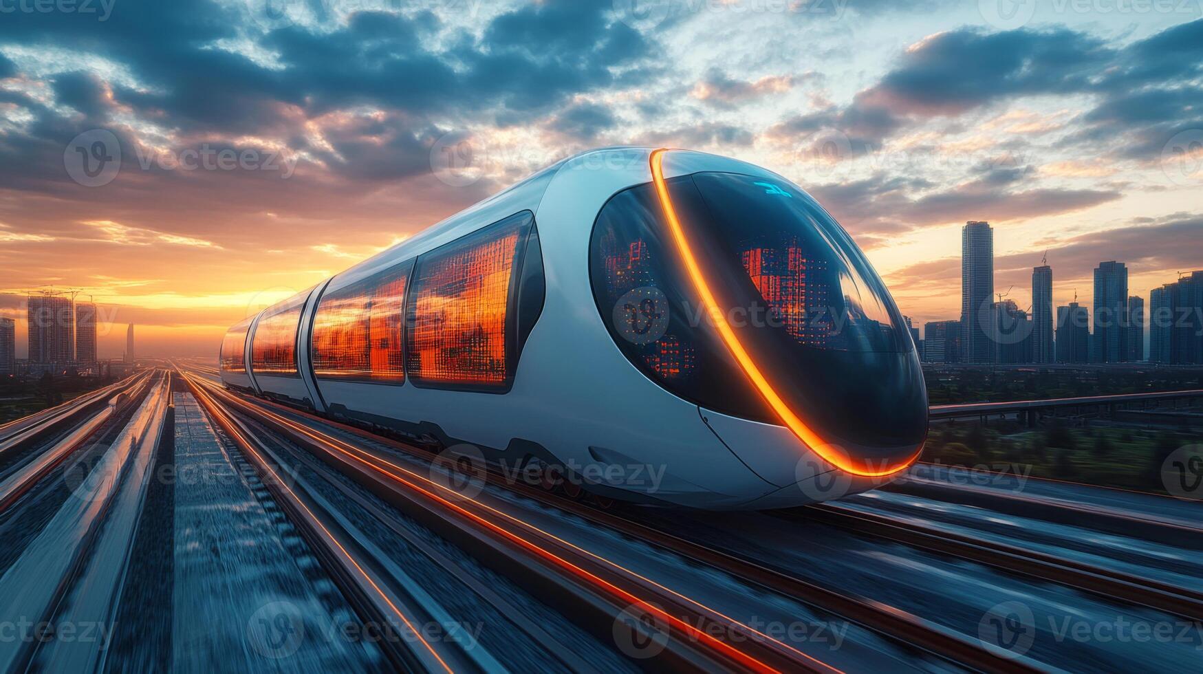 A sleek high speed maglev train travels along elevated tracks in a modern city at sunset. The vibrant skyline and dramatic clouds enhance the scene of advanced mobility and infrastructure. photo