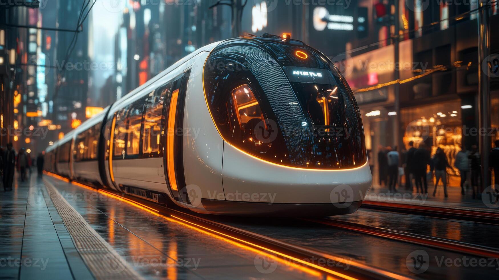 A sleek maglev train waits at a bustling railway station, illuminated by city lights reflecting off wet pavement as commuters move about in an energetic urban environment. photo