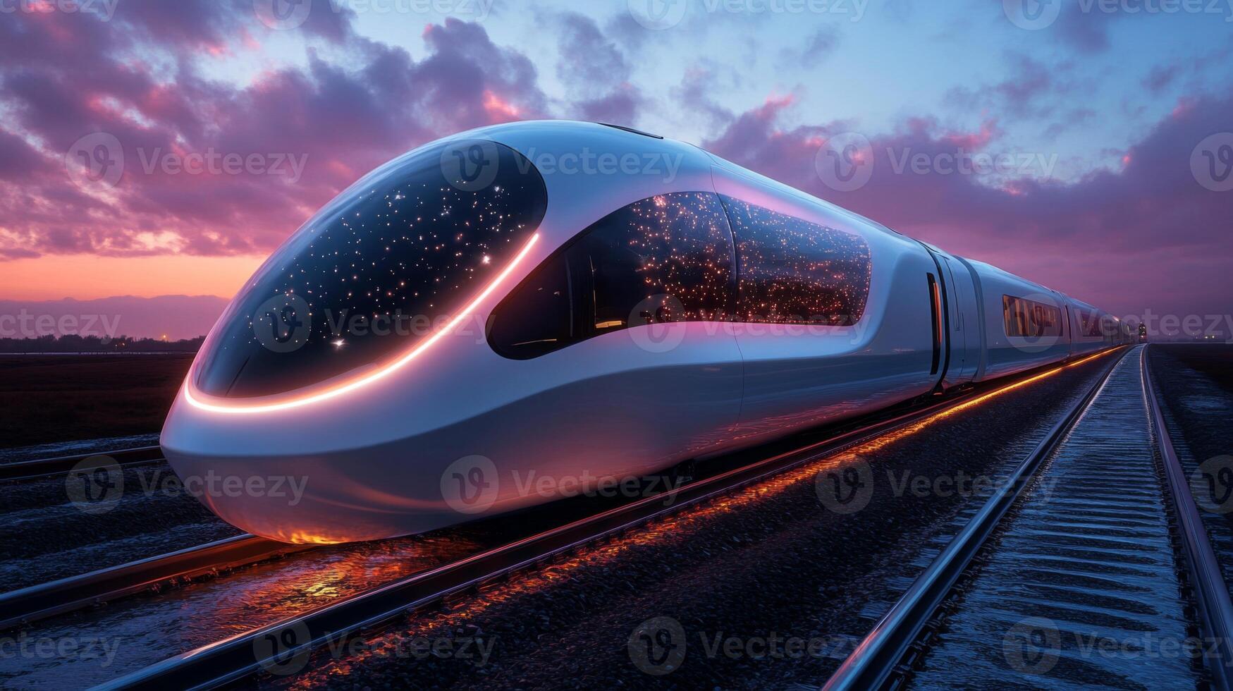 A state of the art maglev train stands ready on railway tracks, illuminated by the colors of the sunset with a futuristic design emphasizing speed and efficiency for urban transportation. photo