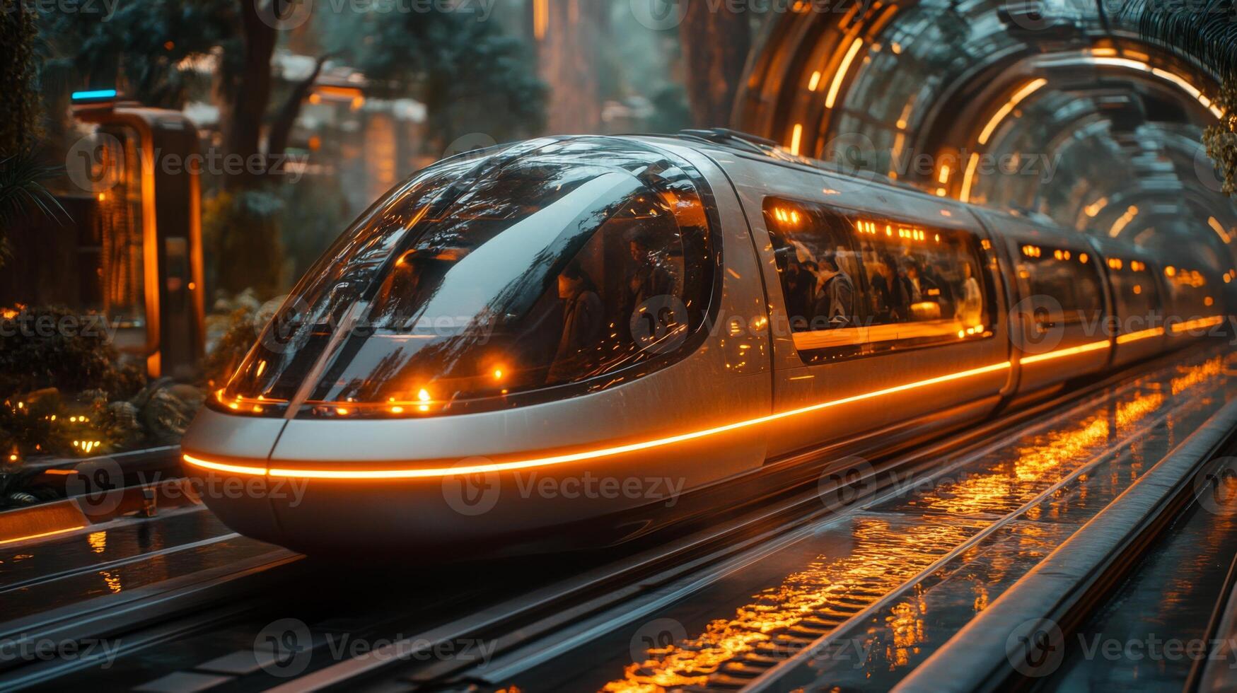 A sleek maglev train moves swiftly along its track in a vibrant, urban setting filled with lush greenery and illuminated elements, showcasing advanced transportation technology. photo