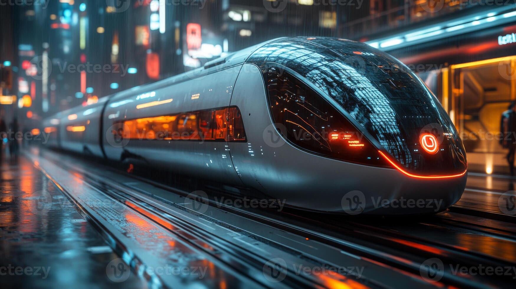 A sleek highspeed maglev train stands illuminated amidst a vibrant urban environment at night, highlighting innovations in logistics and mobility through modern design and advanced infrastructure. photo