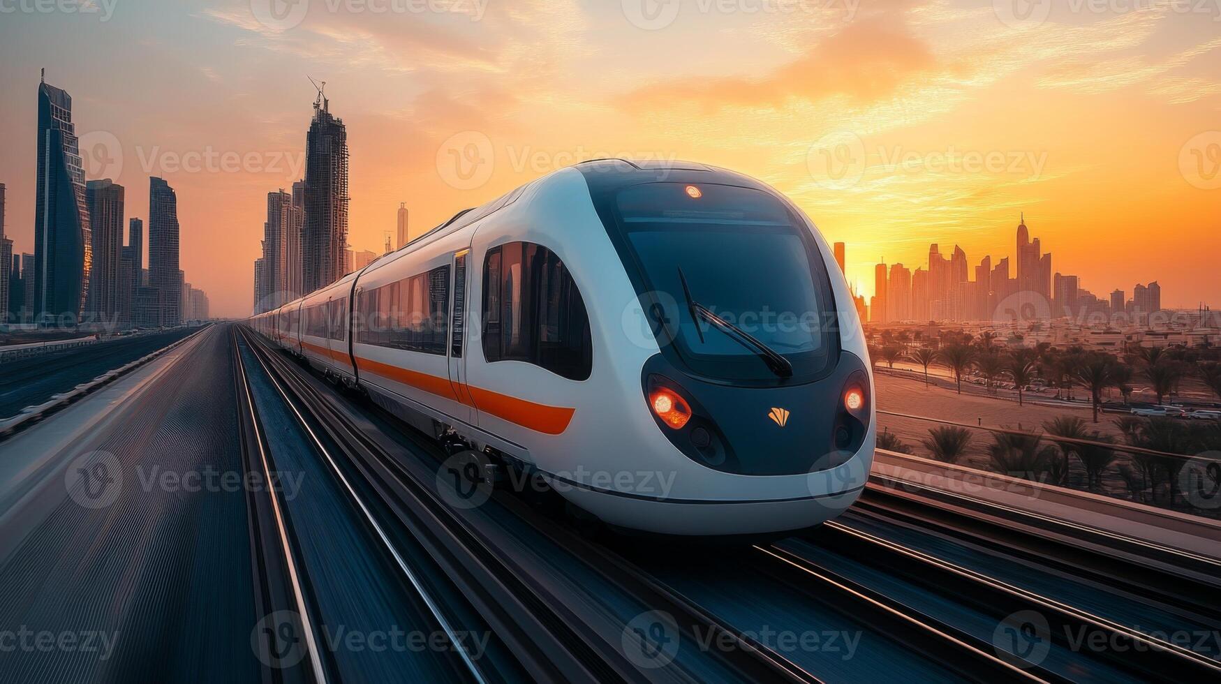 A sleek high speed train moves swiftly along elevated tracks, with a stunning urban landscape and a vibrant sunset in the background, showcasing modern transportation infrastructure. photo