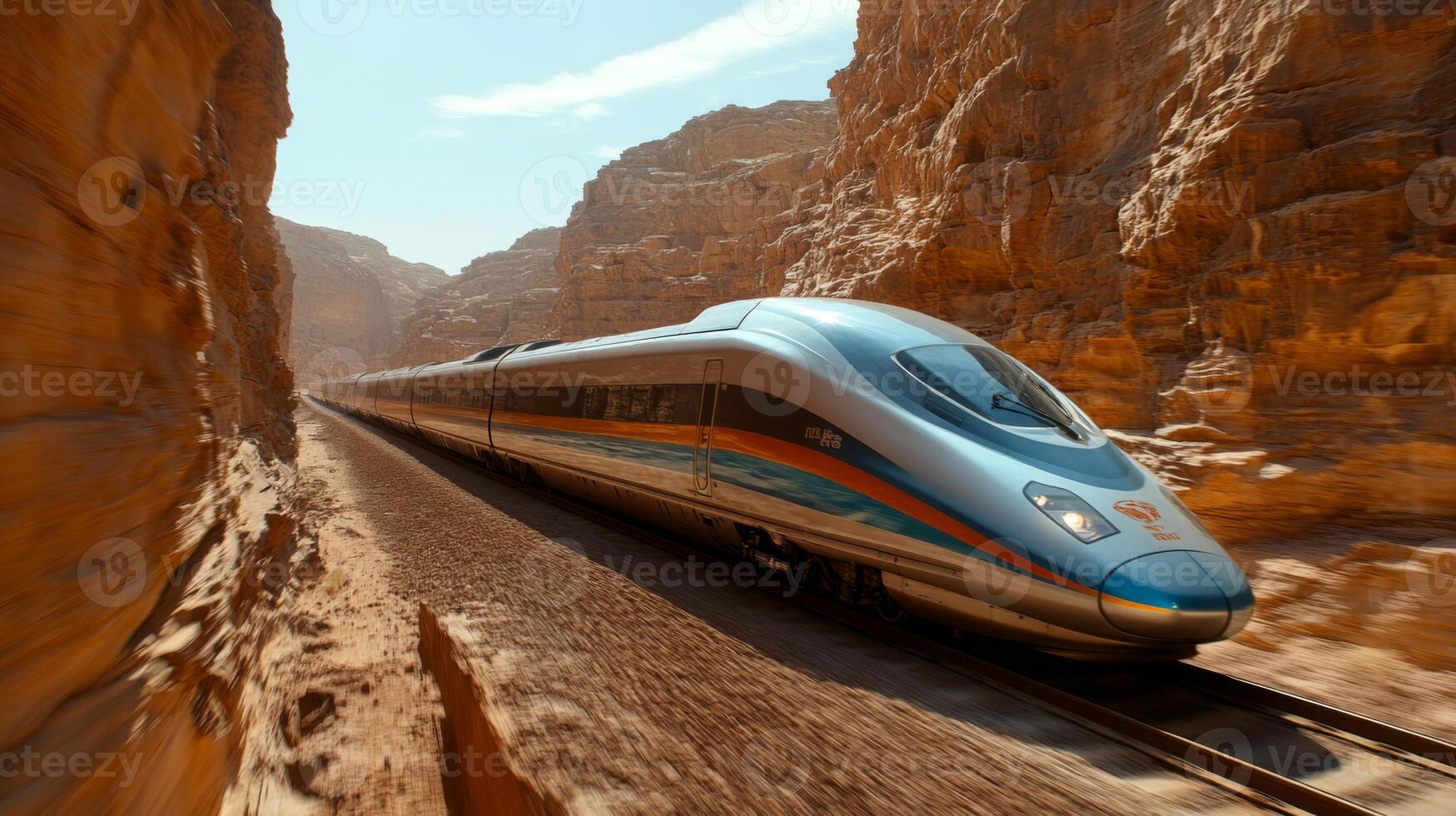 A high speed train glides through a stunning canyon, illustrating advanced railway technology and efficient transportation in a majestic natural setting. photo