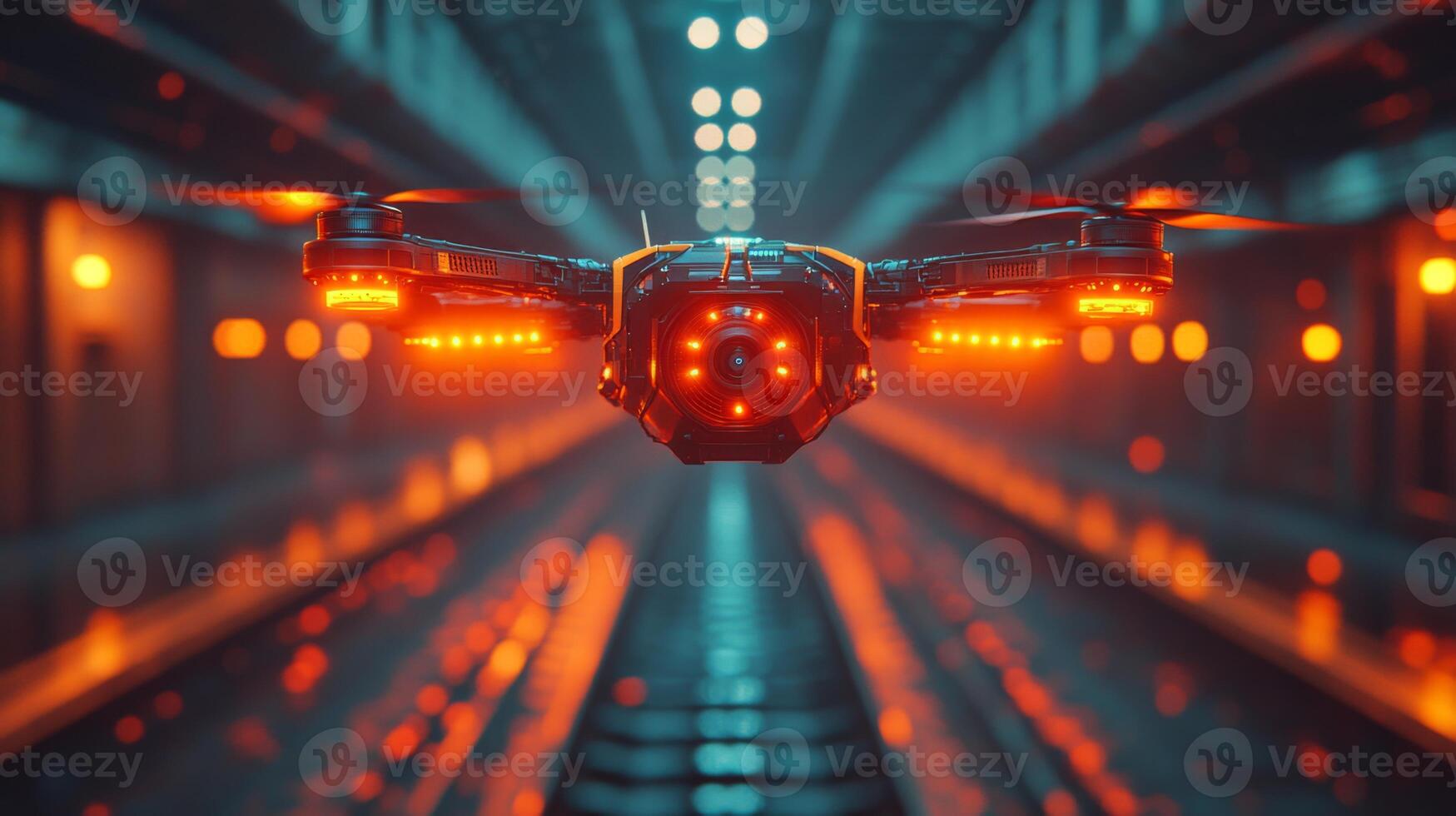 A cutting edge drone equipped with advanced sensors hovers in a subway station, showcasing innovations in logistics and transportation automation for urban commuters. photo