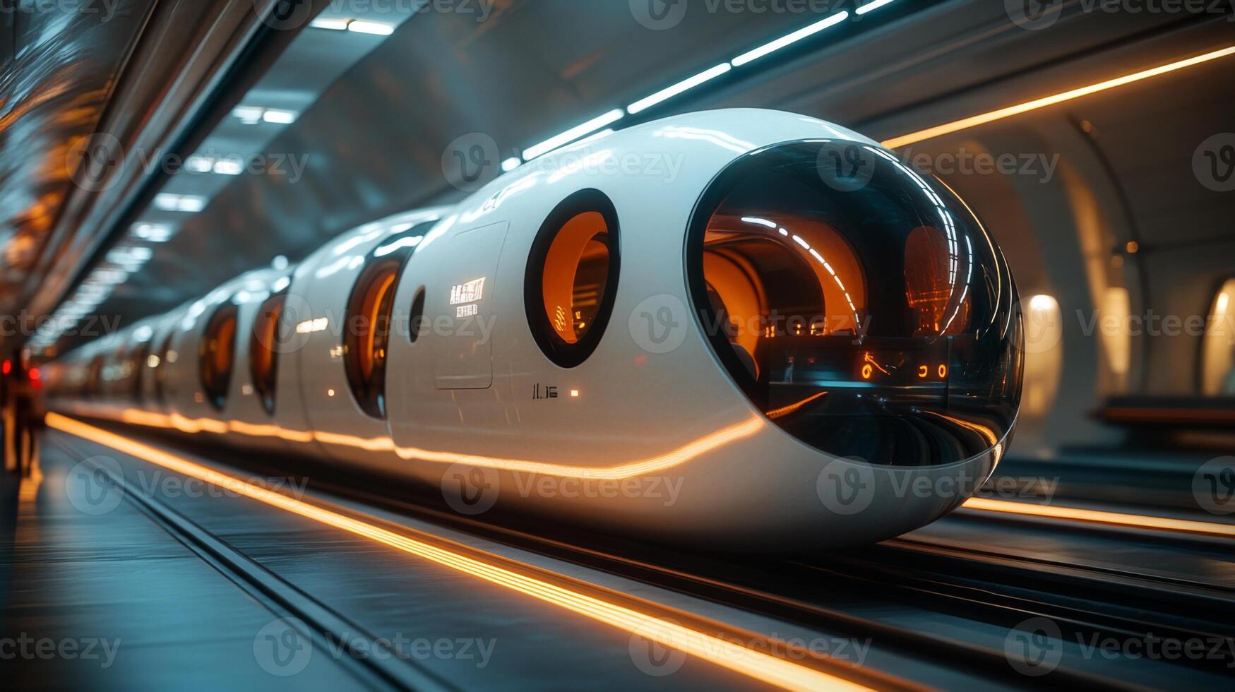 Sleek subway trains line the tracks in a well lit underground station, showcasing advanced design and technology for urban mobility. Commuters navigate the area with ease. photo
