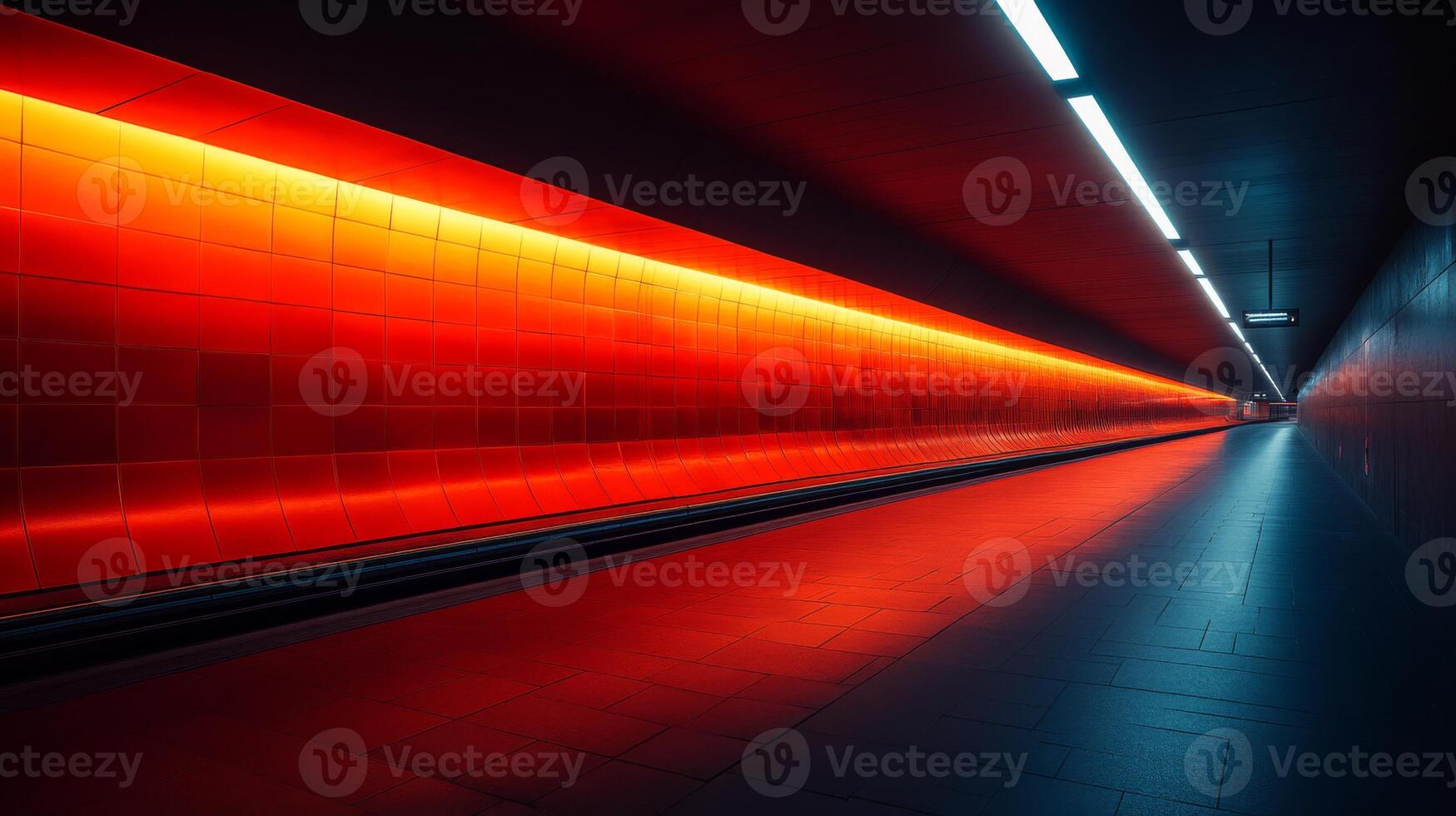 A sleek subway tunnel features bright red lighting illuminating the track, highlighting contemporary infrastructure designed for efficient urban transit during peak hours. photo