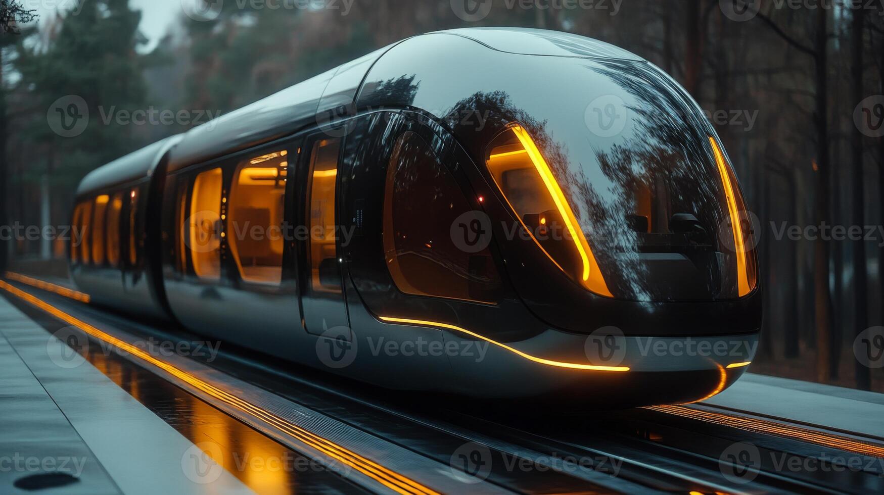 A futuristic metro train is stationed on a polished track surrounded by trees, highlighting innovations in urban transport and mobility during twilight. The sleek design features glowing lights. photo