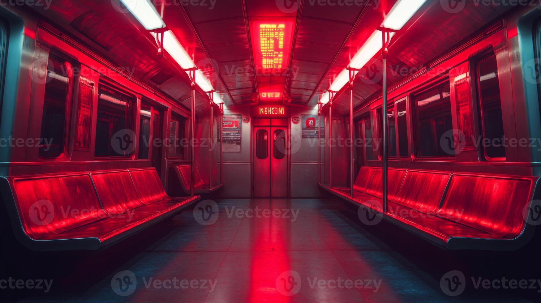 Empty subway train with bright red lighting creates a striking visual effect. The sleek seating and clean lines highlight urban transportation's modern design, offering a unique commuter experience. photo