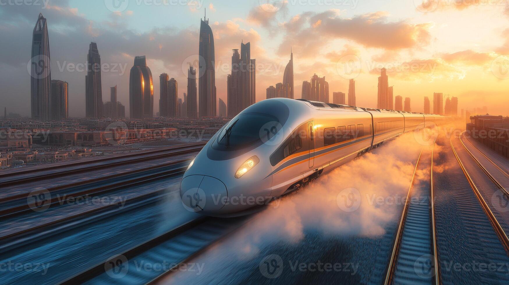 High speed train glides smoothly along elevated tracks amid modern skyscrapers during a picturesque sunset, exemplifying the future of urban transportation and automation. photo
