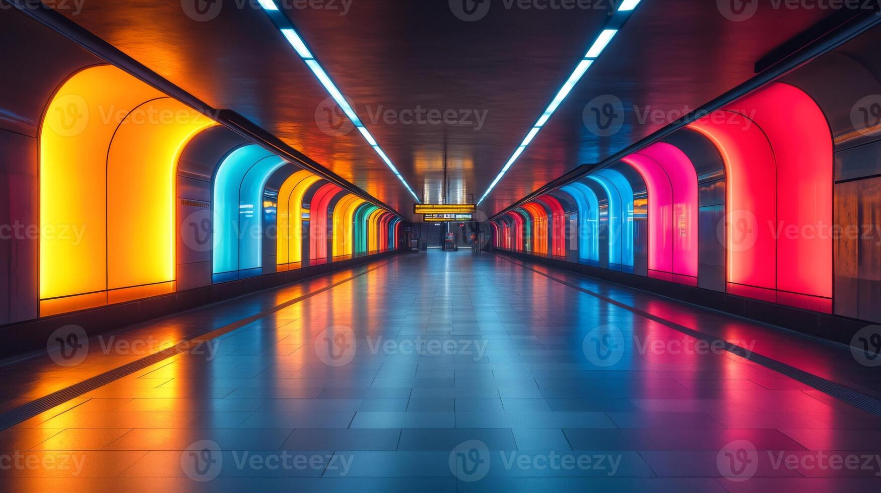 A modern subway tunnel features bright, colorful lighting in shades of blue, orange, and pink, enhancing the urban transit atmosphere for commuters. photo