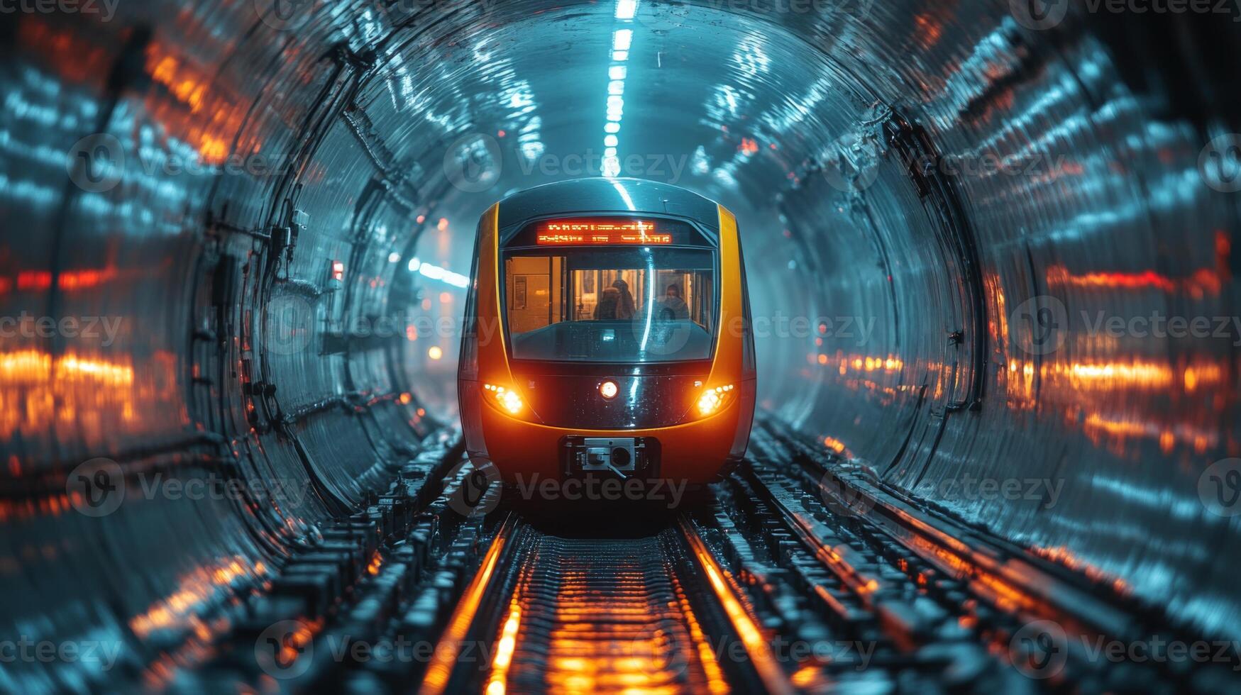 A sleek urban subway train moves through a vibrant underground tunnel, illuminated by bright lights reflecting off the walls, highlighting the efficiency of modern public transit. photo