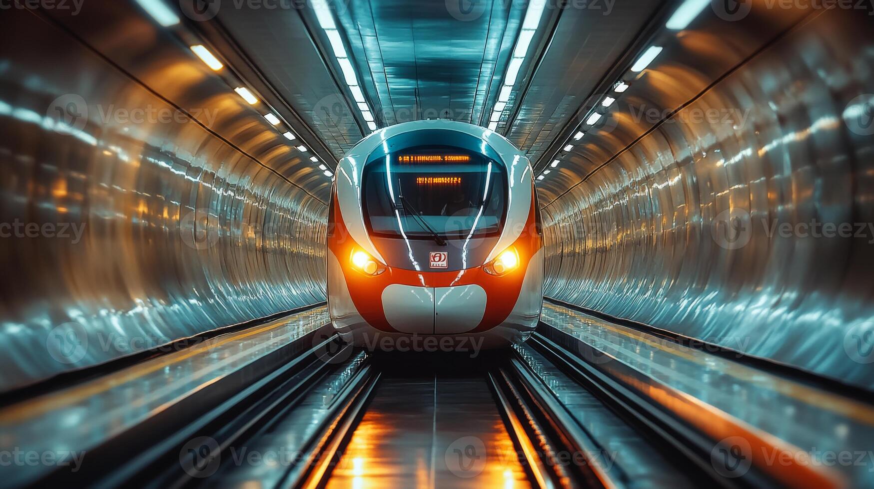 A modern subway train enters a well lit tunnel, showcasing advanced transportation technology and efficient urban mobility for commuters in a vibrant city environment. photo