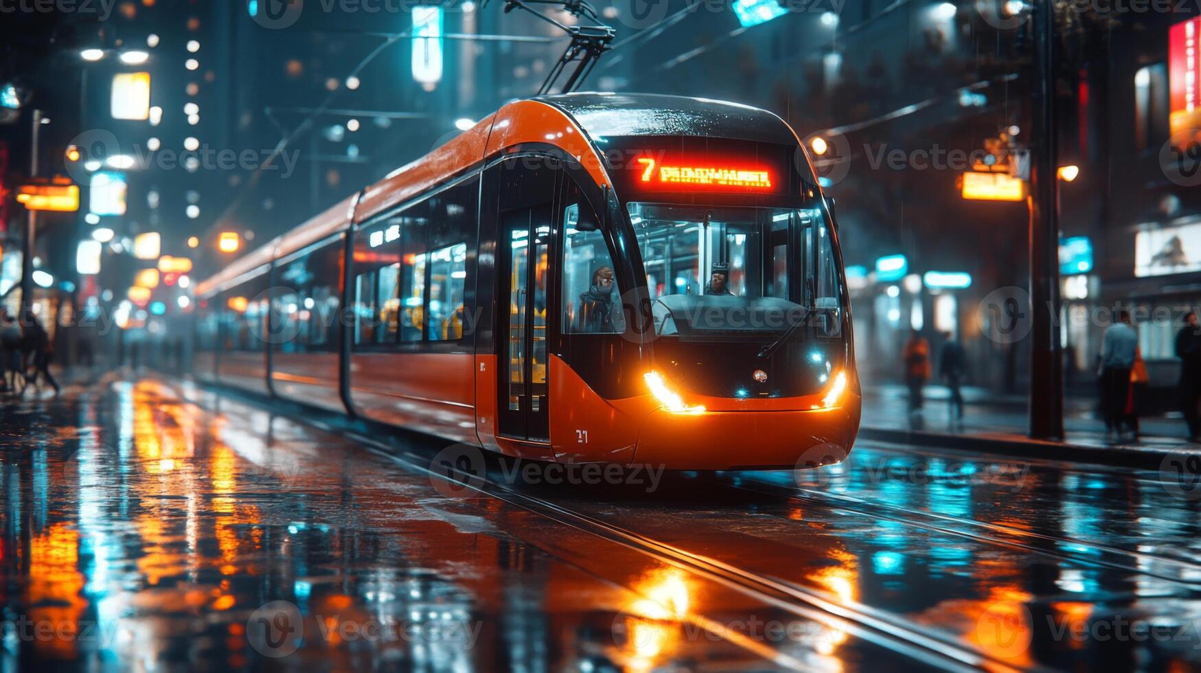 Tram glides through a wet urban street illuminated by colorful lights in a bustling city at night, symbolizing advanced transportation and commuter dynamics. photo