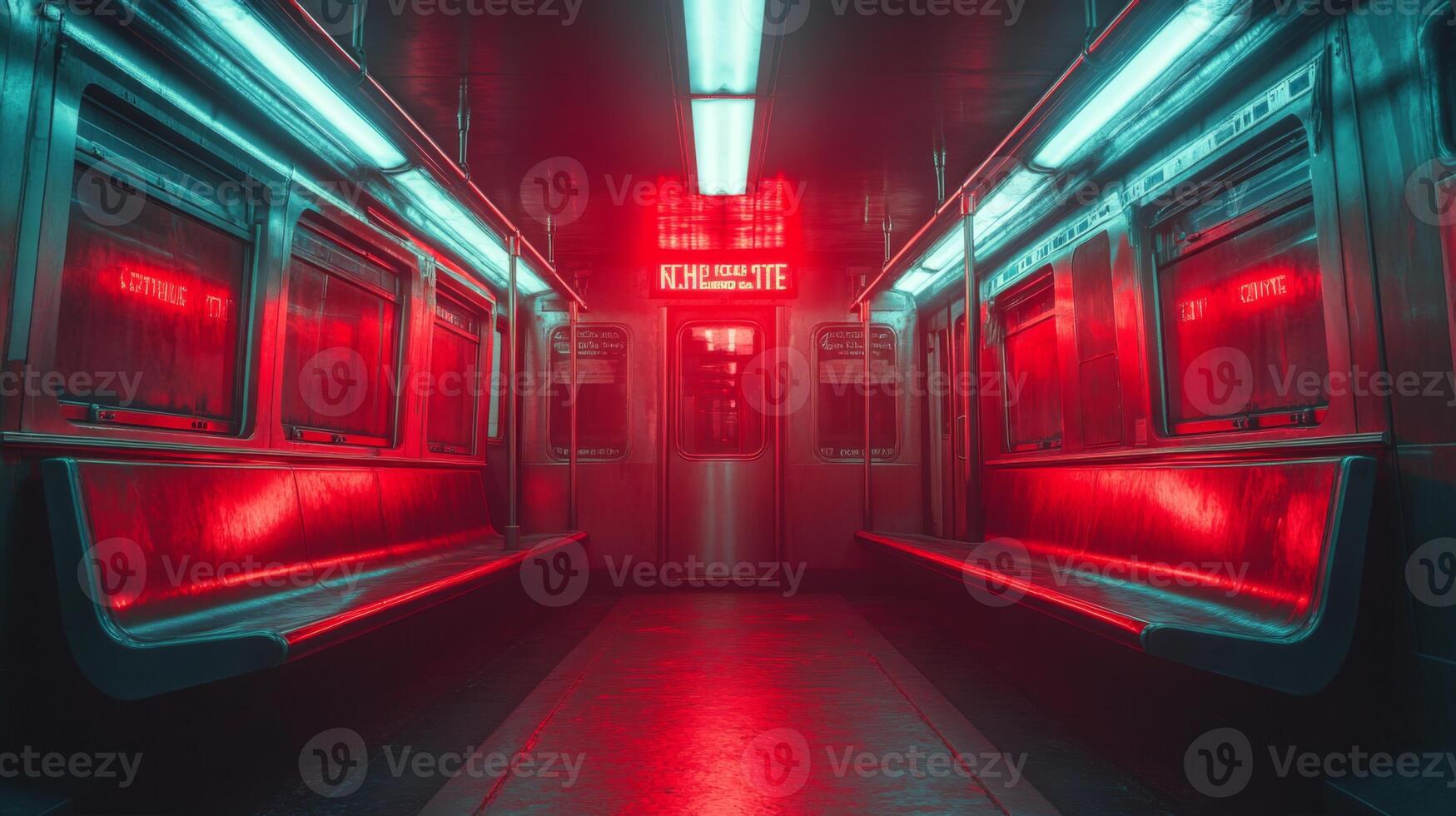 A tranquil subway train interior features vibrant red lighting with empty seats, emphasizing the atmosphere of urban transportation during off peak hours. photo