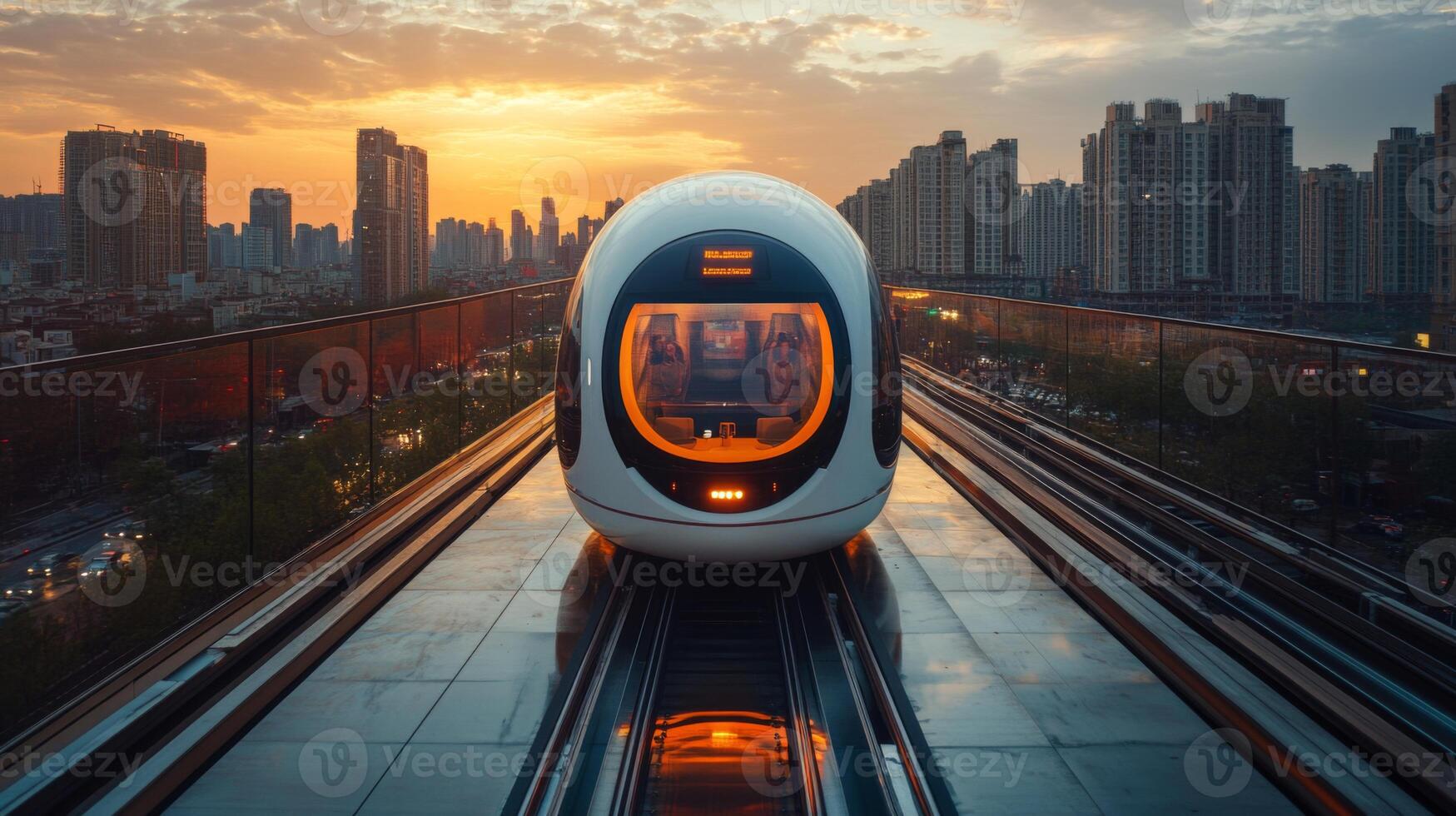 A sleek, modern subway train approaches an elevated station as the sun sets, illuminating the city skyline with warm hues and highlighting the urban mobility and infrastructure. photo