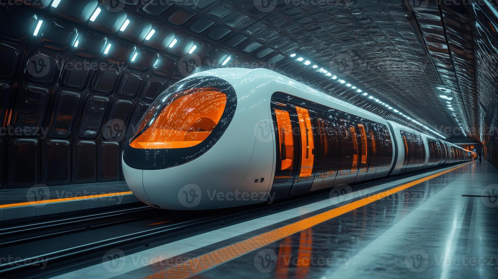 A sleek subway train awaits departure at a futuristic underground station. The design highlights automation and efficiency in urban transportation during the evening commute. photo