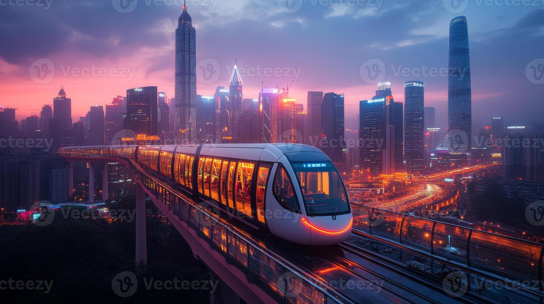 An automated subway train glides along elevated tracks, providing efficient transportation as city lights illuminate the skyline at dusk, reflecting urban mobility advancements. photo