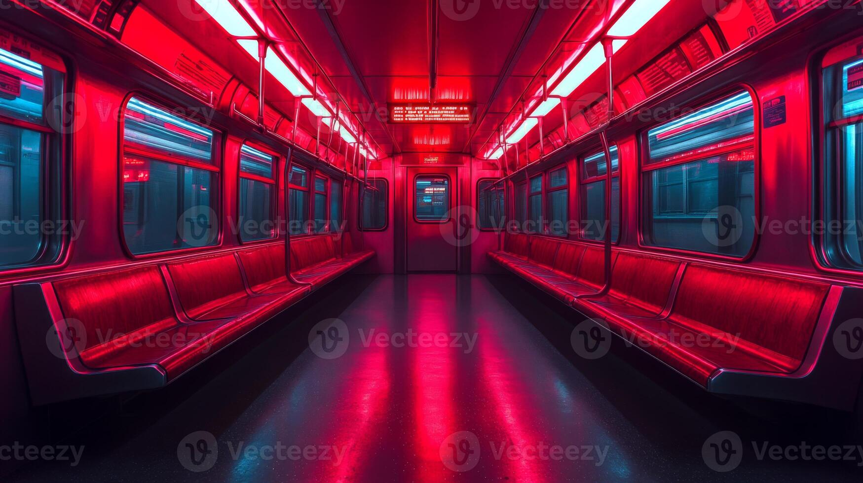 Commuters can observe a bold subway interior illuminated by bright red lights, enhancing the empty seating area in a modern urban transport system. photo