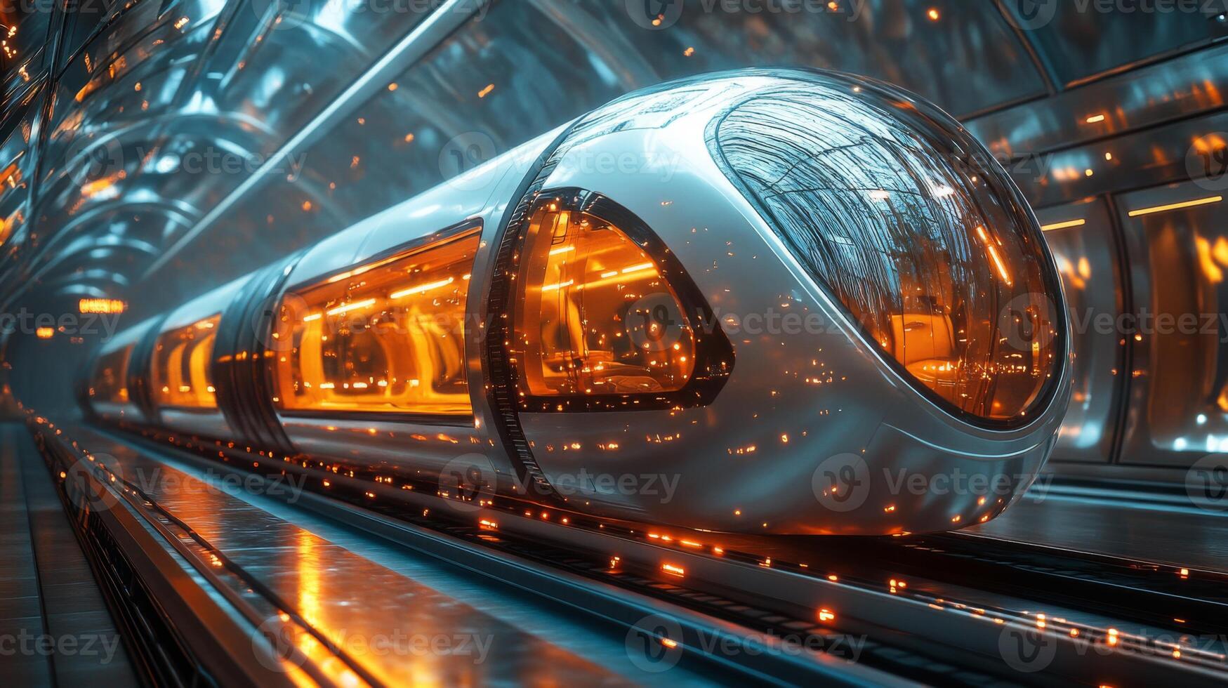 A futuristic subway pod waits on the tracks in a sleek urban environment, showcasing advanced design and automation for improved commuter transit. photo