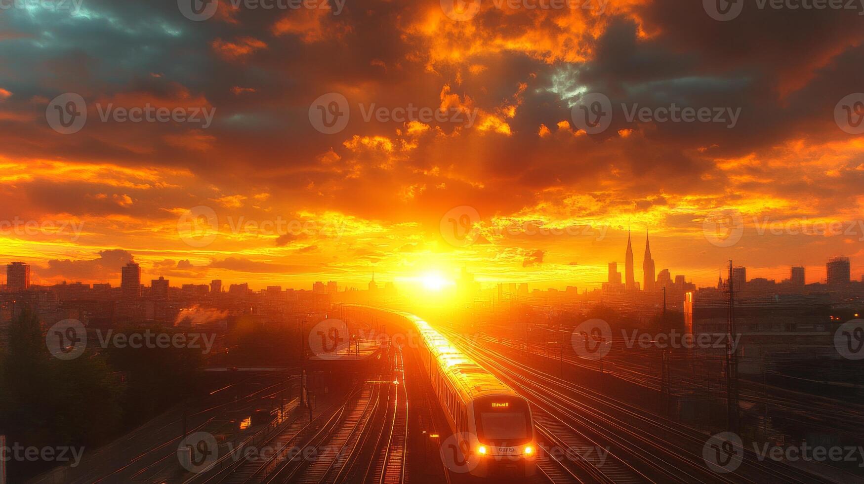 A train moves steadily along its tracks as the sun sets behind an urban skyline featuring striking architecture. The warm colors contrast with the modern infrastructure. photo