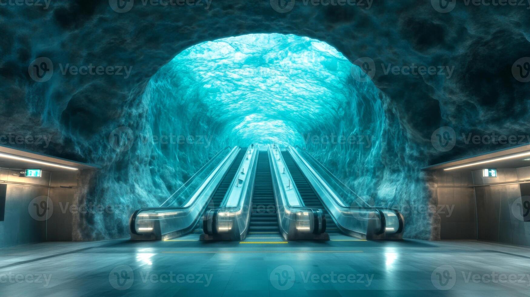 Remarkable transportation infrastructure showcases escalators leading into a stunning underwater themed subway station. This modern space enhances urban mobility while improving commuter experience. photo