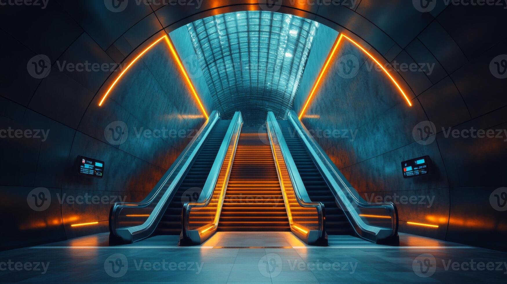 Illuminated escalators lead up from a sleek subway station, showcasing vibrant lighting and contemporary architecture in a busy city environment during peak commuter hours. photo