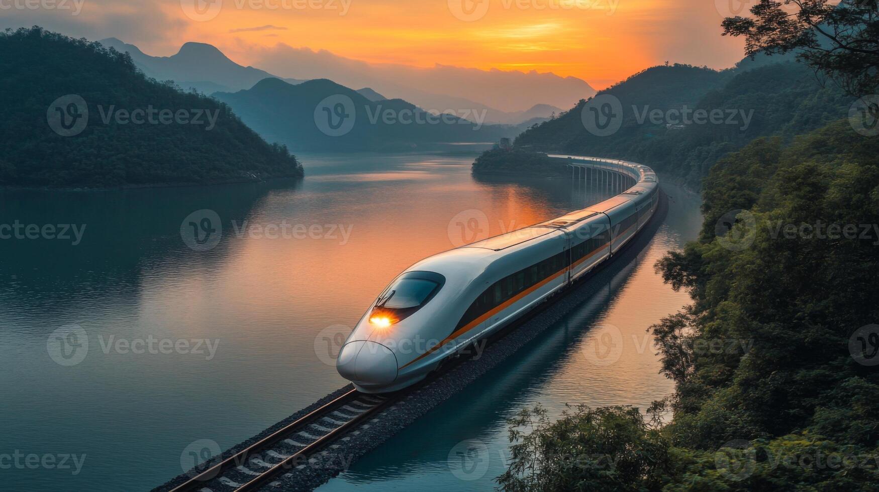 A high speed train travels smoothly along railway tracks beside tranquil waters, set against a stunning sunset and mountainous backdrop, highlighting modern transportation and mobility. photo