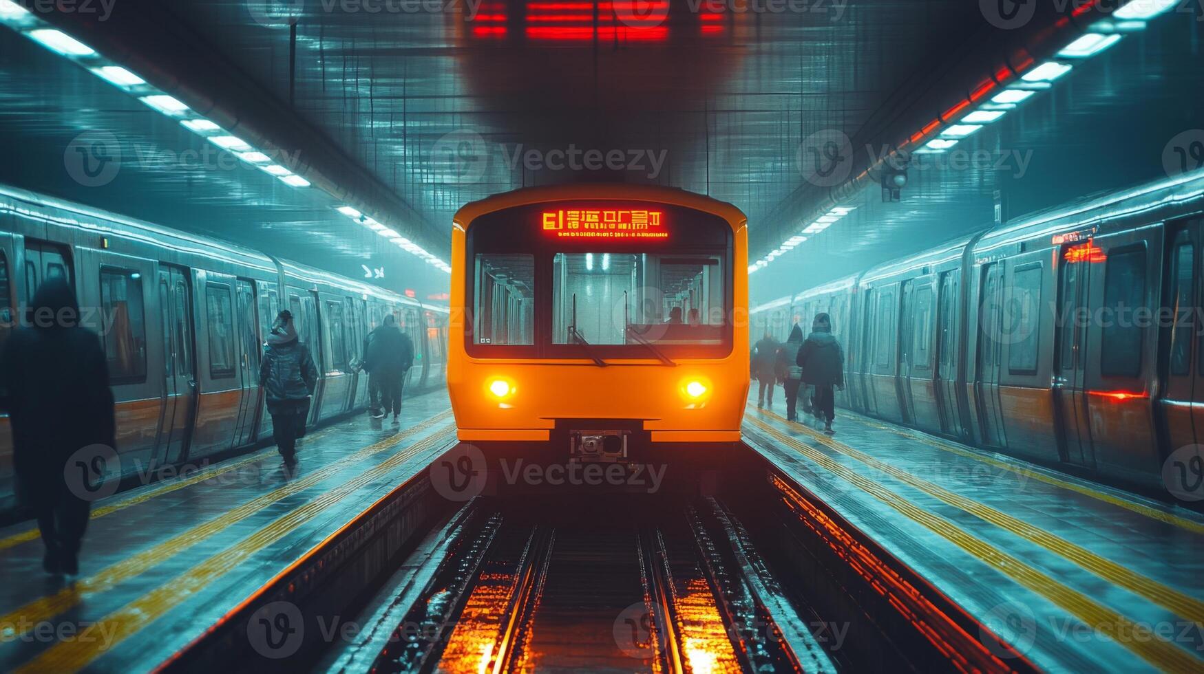 Commuters hustle through a vibrant urban metro station as a yellow subway train pulls into the platform, illuminated by dynamic lighting in the evening. photo
