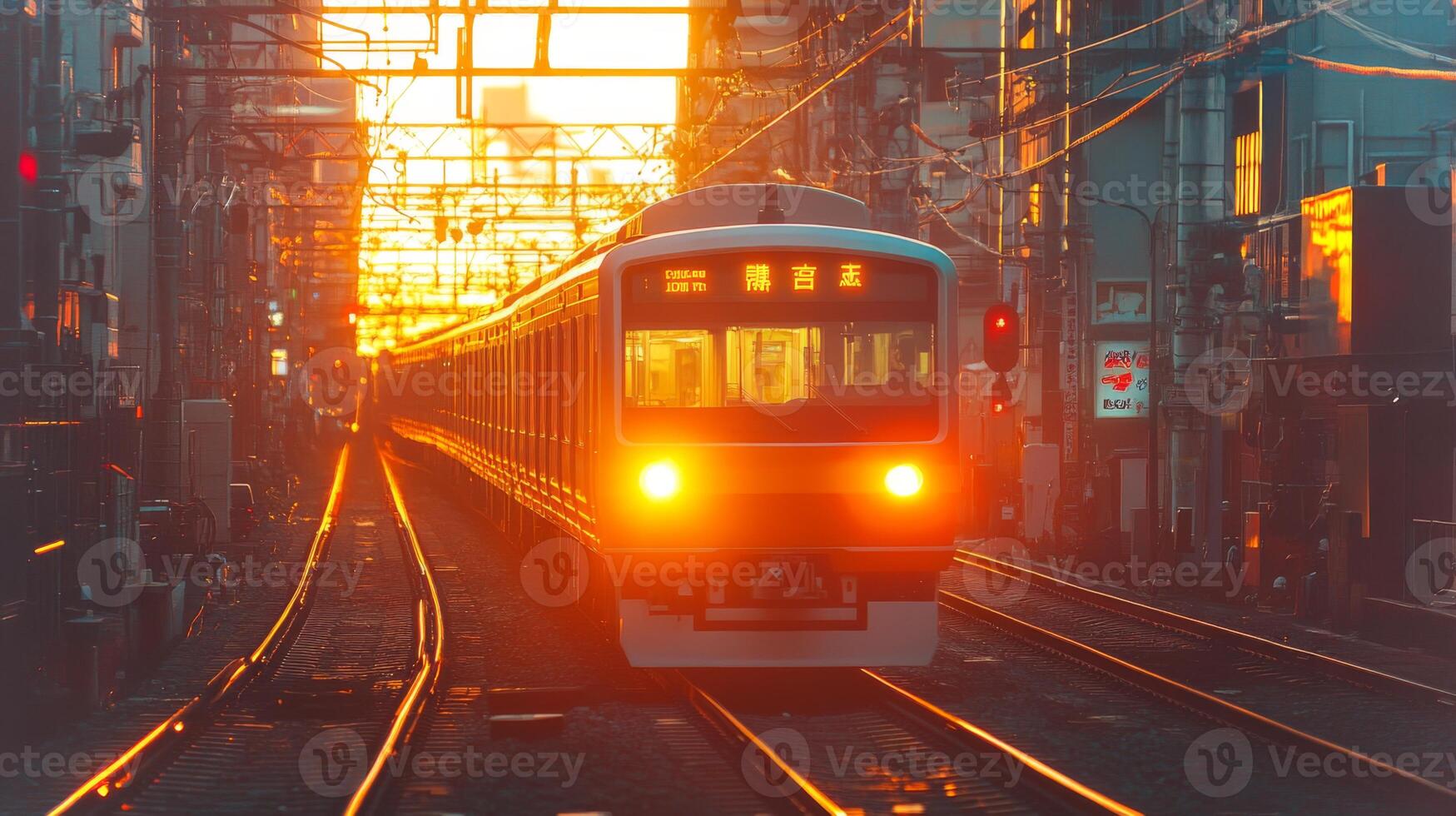 A commuter train approaches at sunset, illuminated by the warm glow of the setting sun, with tracks running through a bustling urban landscape filled with infrastructure. photo