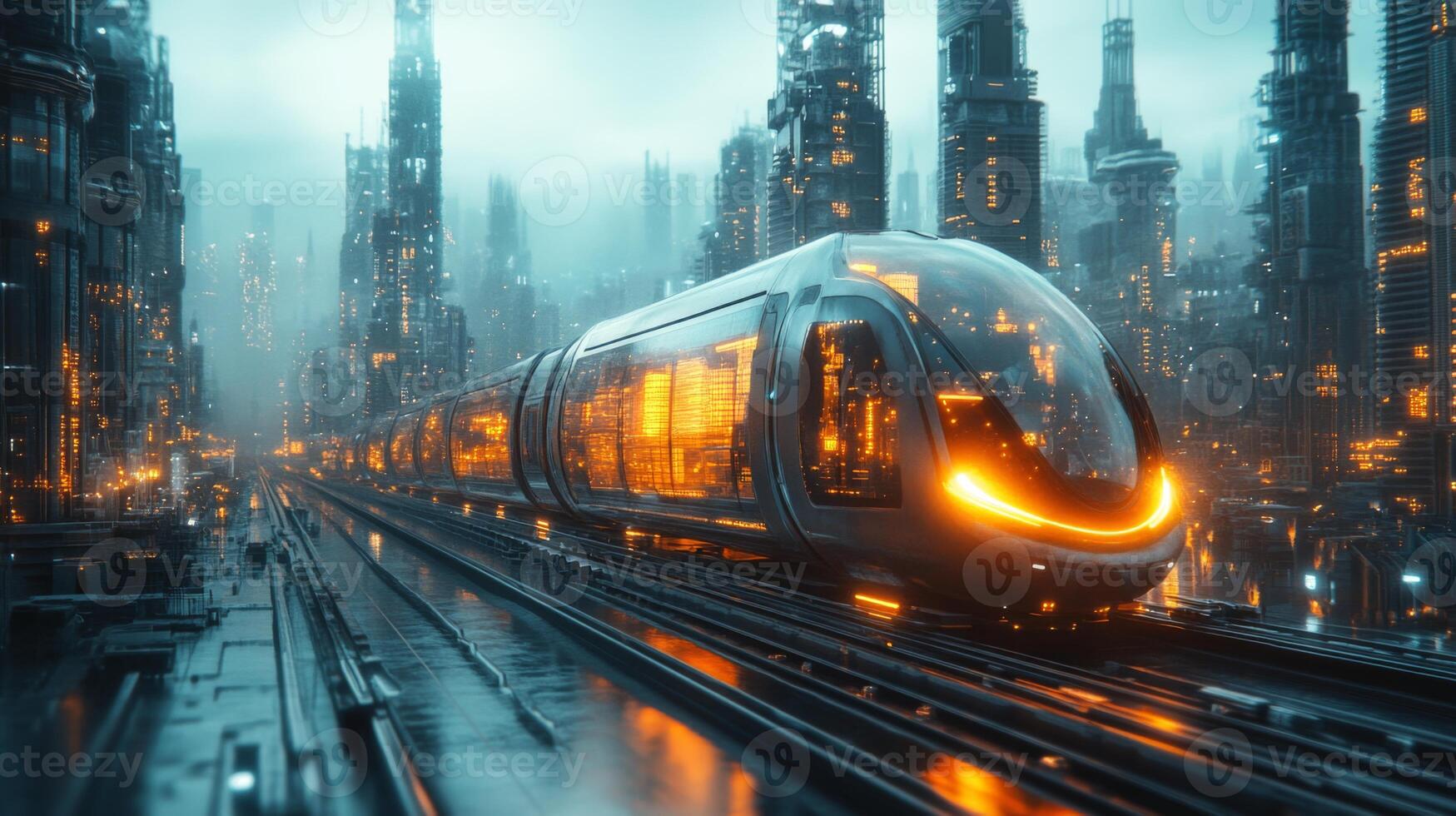 A sleek train moves along elevated tracks in a futuristic city filled with glowing skyscrapers and advanced technology, showcasing the potential of modern transportation. photo