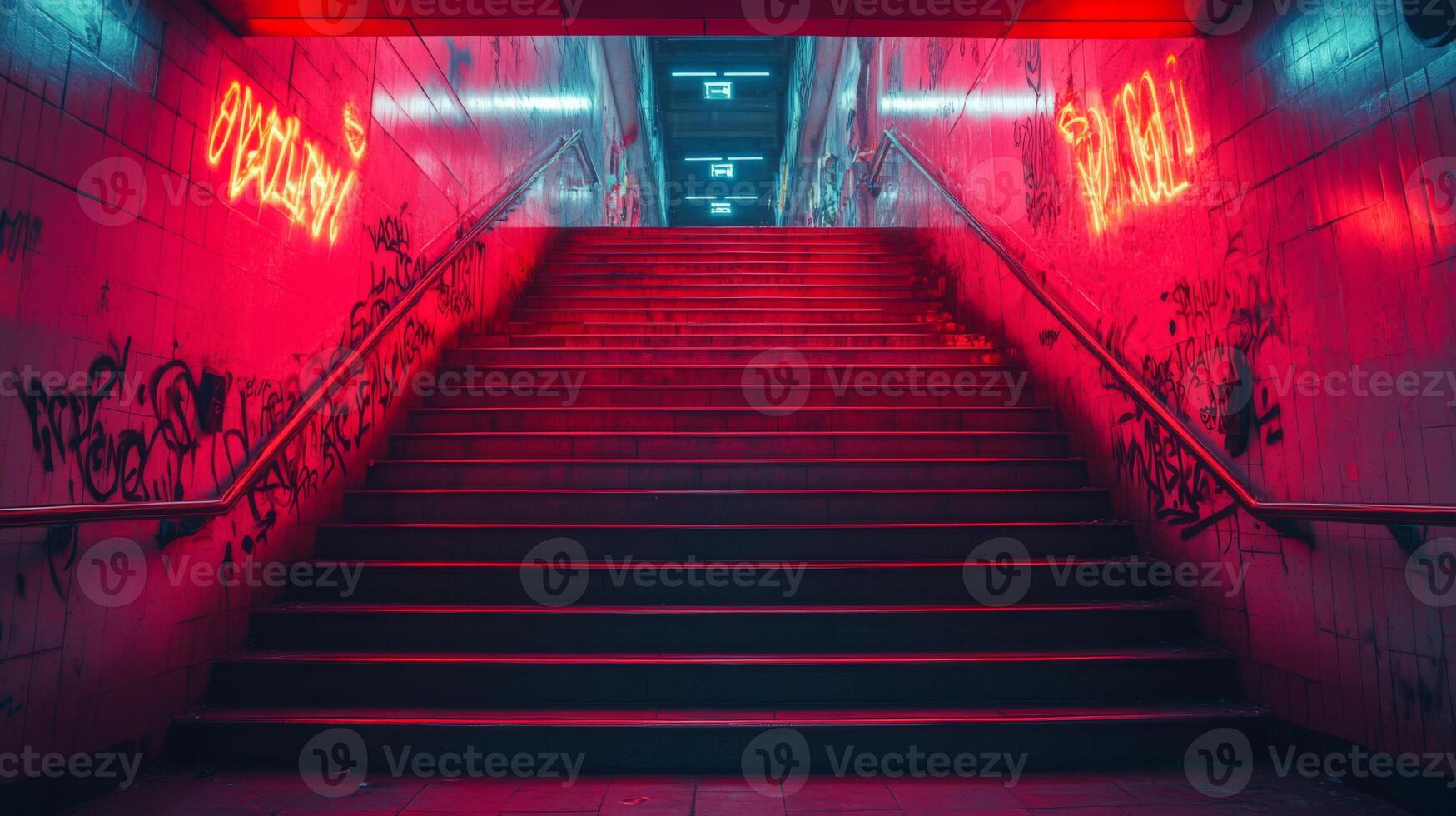 A subway entrance features illuminated neon signs, drawing attention to the colorful graffiti on the walls. The scene captures the vibrant atmosphere of urban mobility at night. photo