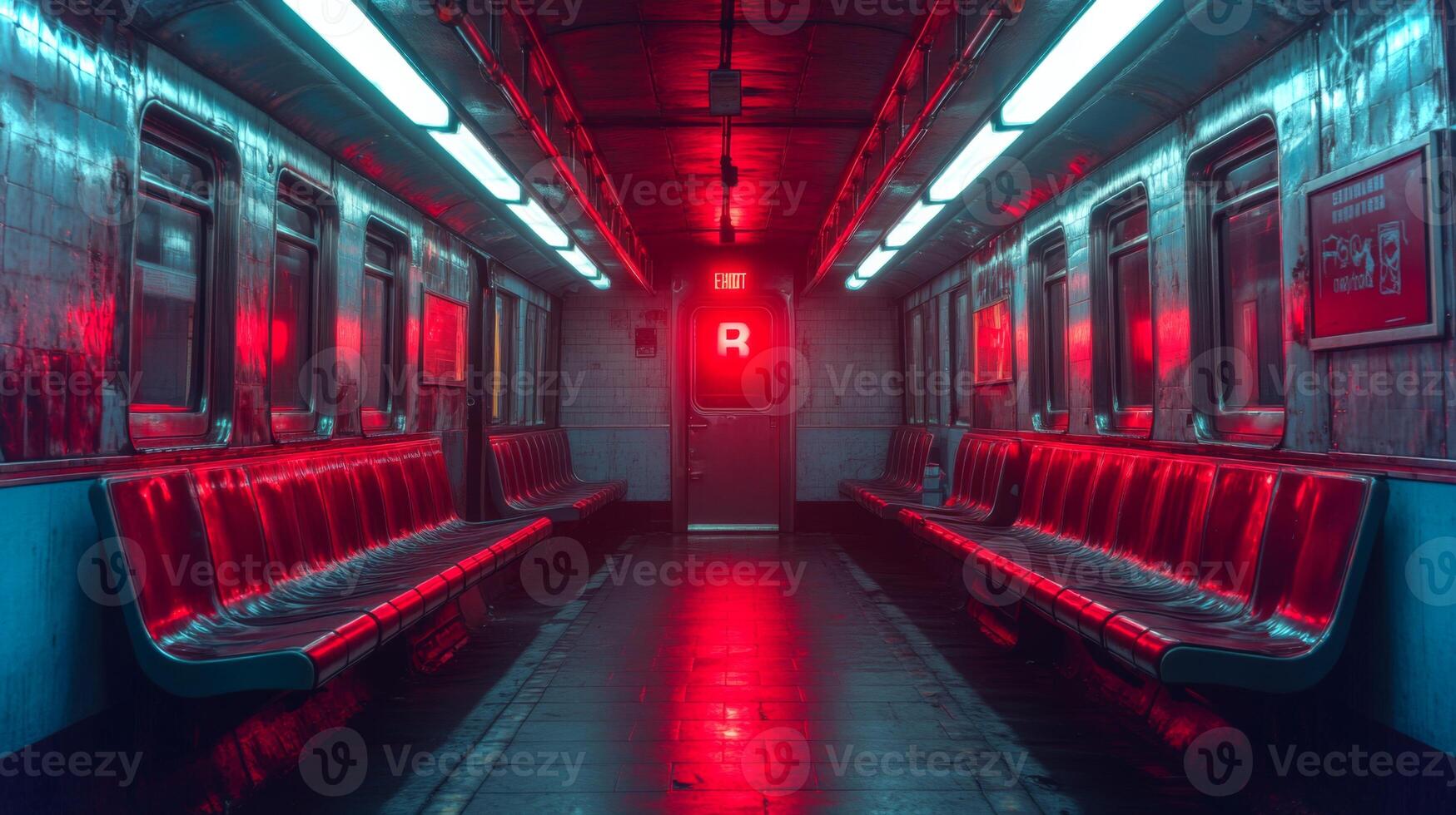 Empty subway train interior illuminated by red lights creates a stark contrast to the metal and tiles, highlighting the urban mobility experience during late night commutes in the city. photo