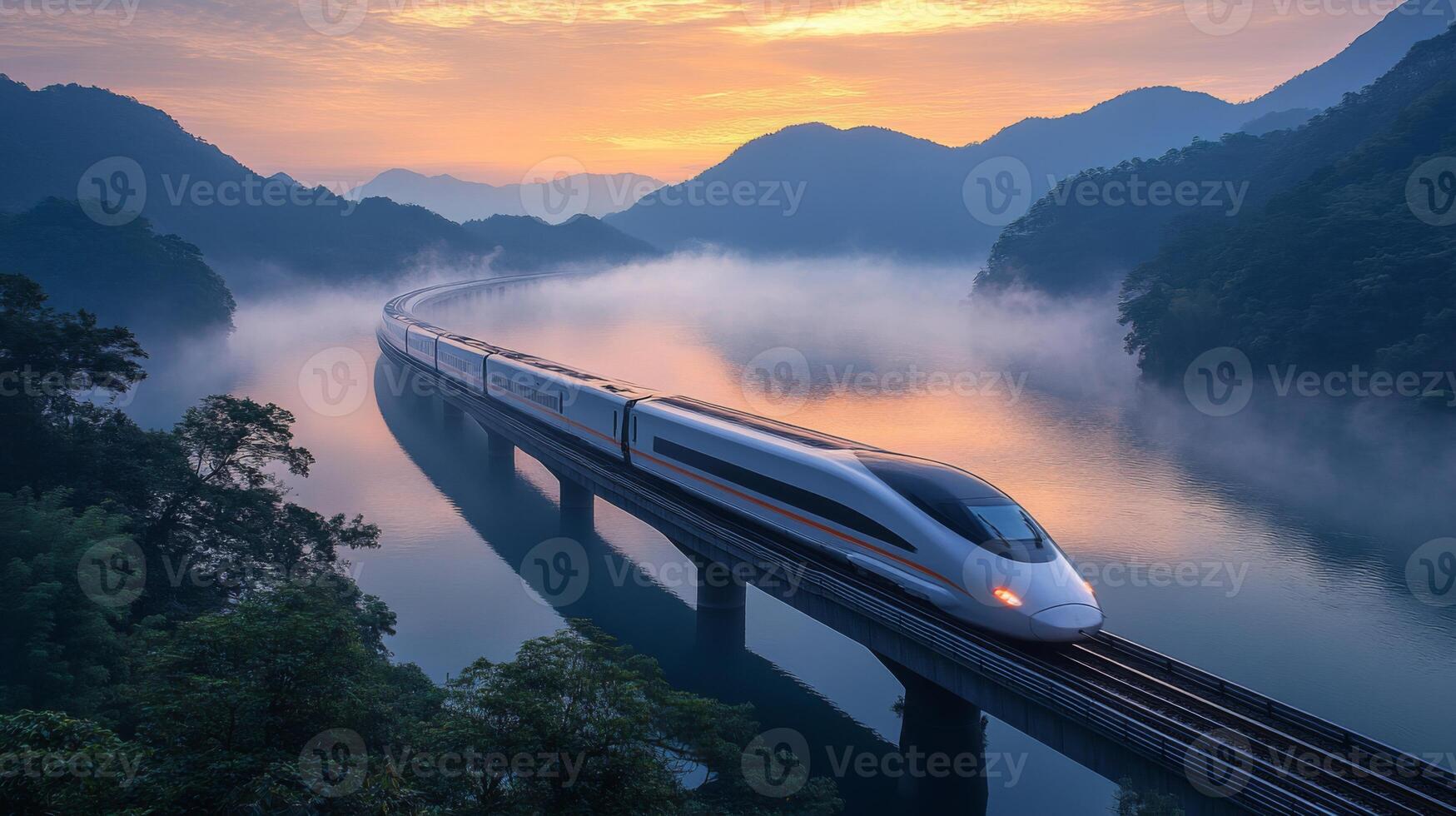 A sleek high speed train glides over a bridge at dawn, surrounded by mountains and mist, illustrating the integration of transportation and natures beauty. photo