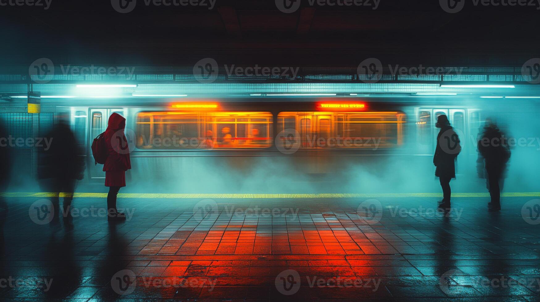 People stand on the platform in a subway station, waiting for the train to arrive. The atmosphere is illuminated by bright train lights and enveloped in mist, creating a dynamic urban setting. photo