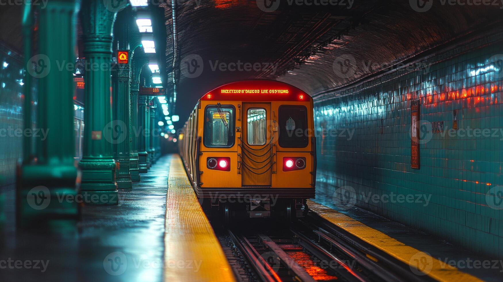 A yellow subway train approaches the platform at a bustling urban station, illuminated by overhead lights amidst a rainy evening. Commuters await their ride. photo