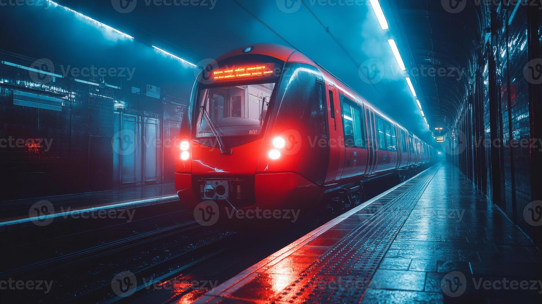 A bright red subway train sits at a platform, illuminated by neon lights while commuters prepare to board as morning fog adds a mysterious ambiance to the urban transit environment. photo